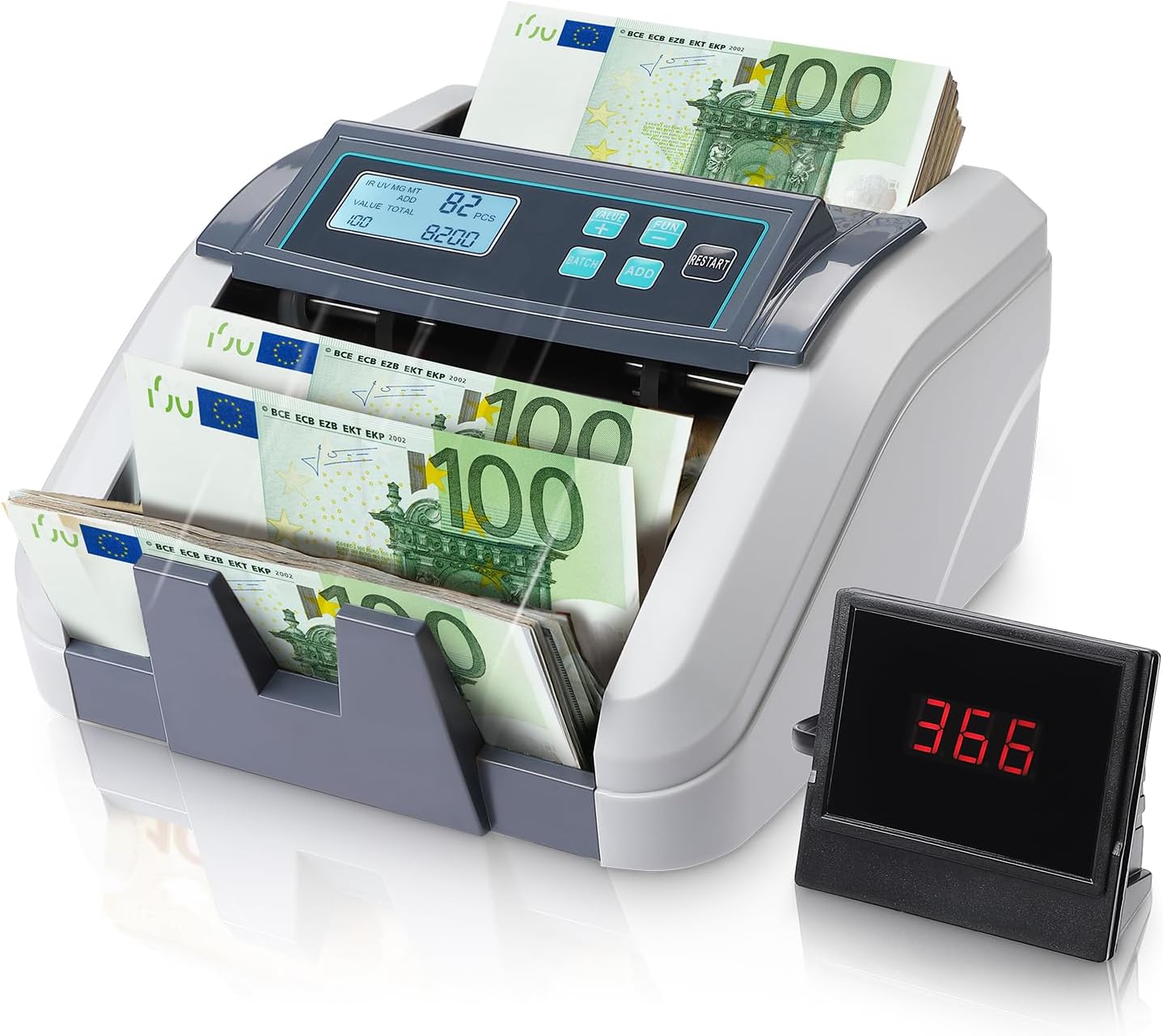 MUNBYN IMC51 Machine à compter l'argent, Compteur de billets en mode ajout+lot, Détection UV/MG/IR, Compteur en EUR uniquement, 1100 billets/min, Affichage LCD, 2 ans d'assistance après-vente, Noir
