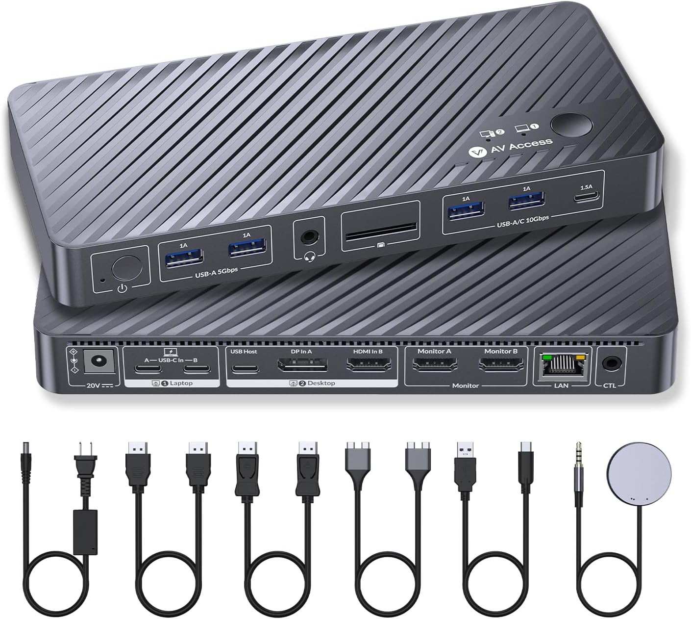 AV Access Station d'accueil commutateur KVM pour MacBook, KVM Switch USB C 2 moniteurs 2 PCs, Double Affichage HDMI 4K, Commutation 1 Portable + 1 Bureau, Ethernet, Charge Rapide 100W, émulation EDID