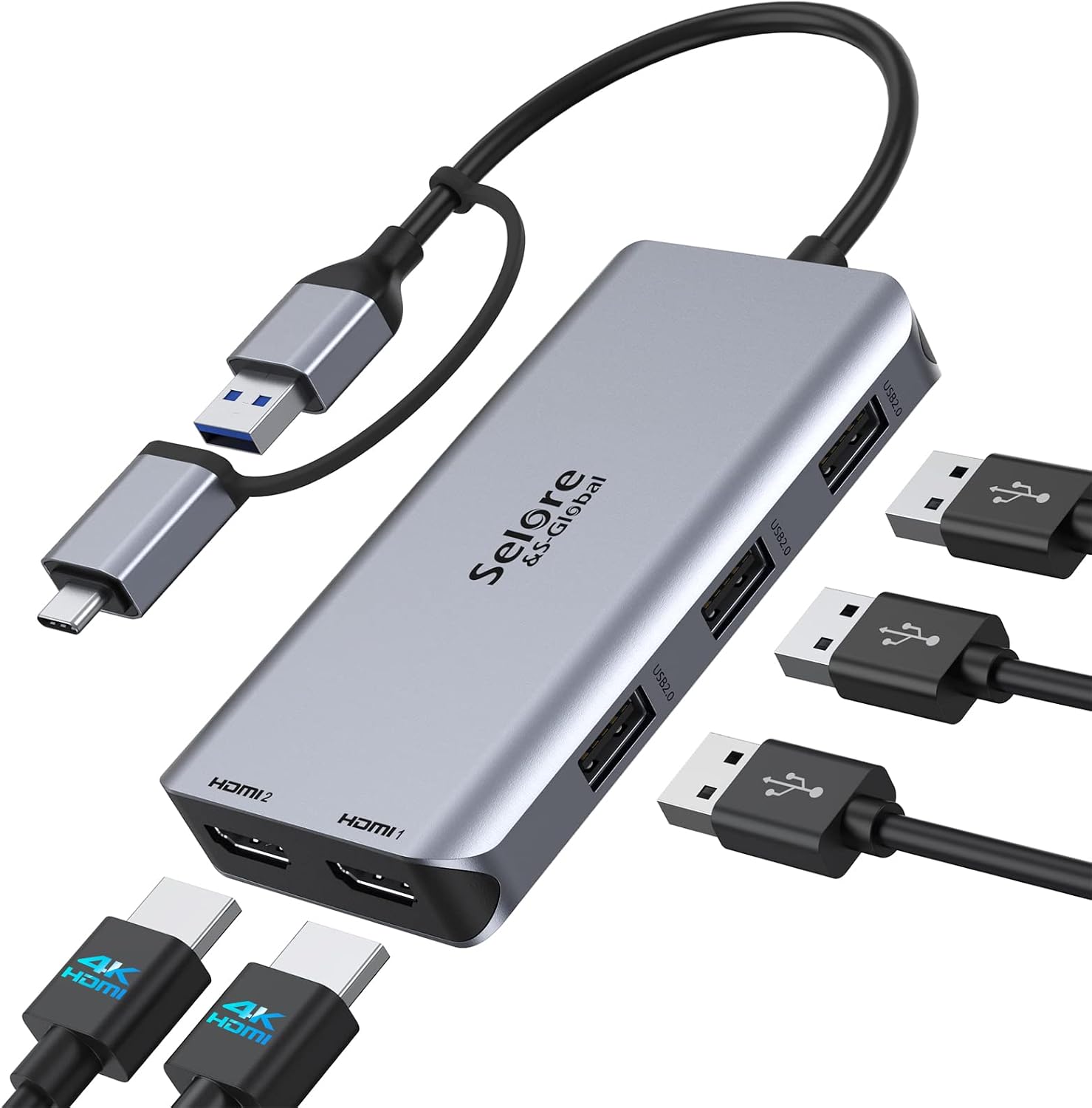 Station d'accueil USB 3.0 Dual HDMI USB C Hub Dual Monitor Station d'accueil avec HDMI 4K 60Hz pour Windows & macOS USB 3.0 vers Dual HDMI Adaptateur pour M1/M2 MacBook Pro/Air, Dell/HP/Surface Pro