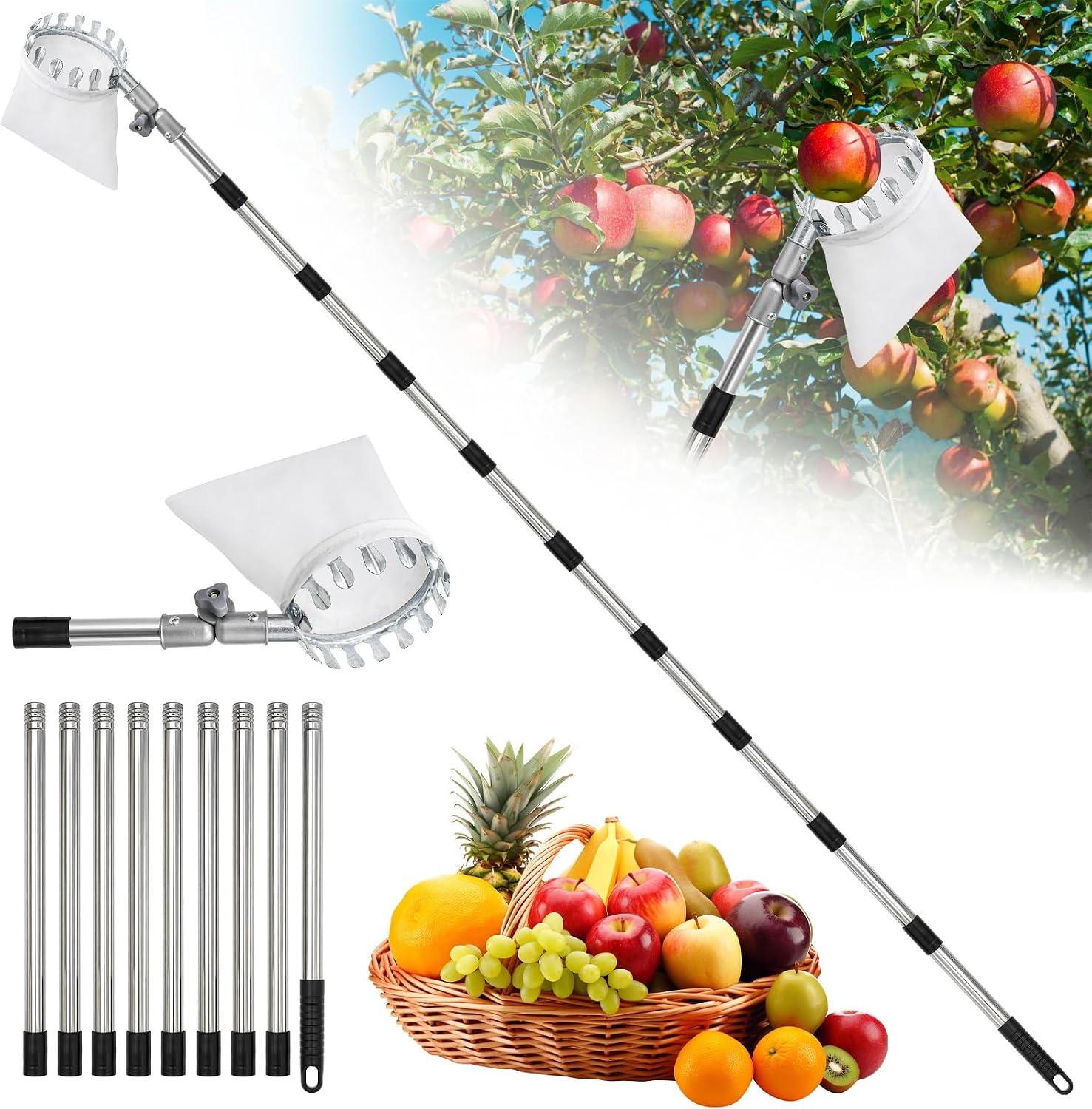 Cueille Fruit Telescopique 3.8m en Métal Robuste, Ramasse Pomme avec 10 Tiges Amovibles, Cueilleur de Fruits avec Sac Inclinable Réglable, Outil de Cueillette Cerise, Prune, Poire pour Jardin