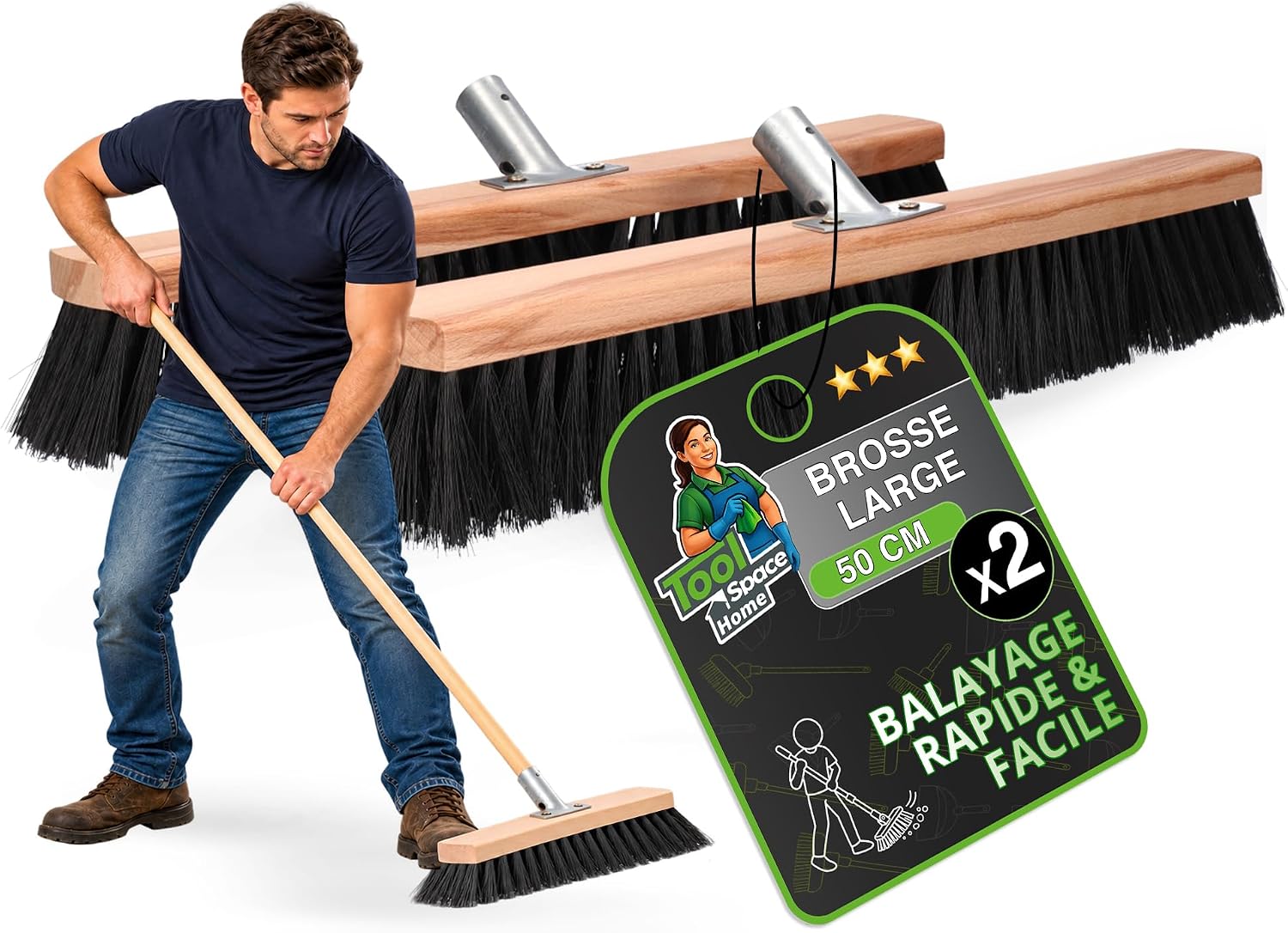 ToolSpace Balai Industriel 60 cm - Lot de 2 en Bois pour Jardin et Sols