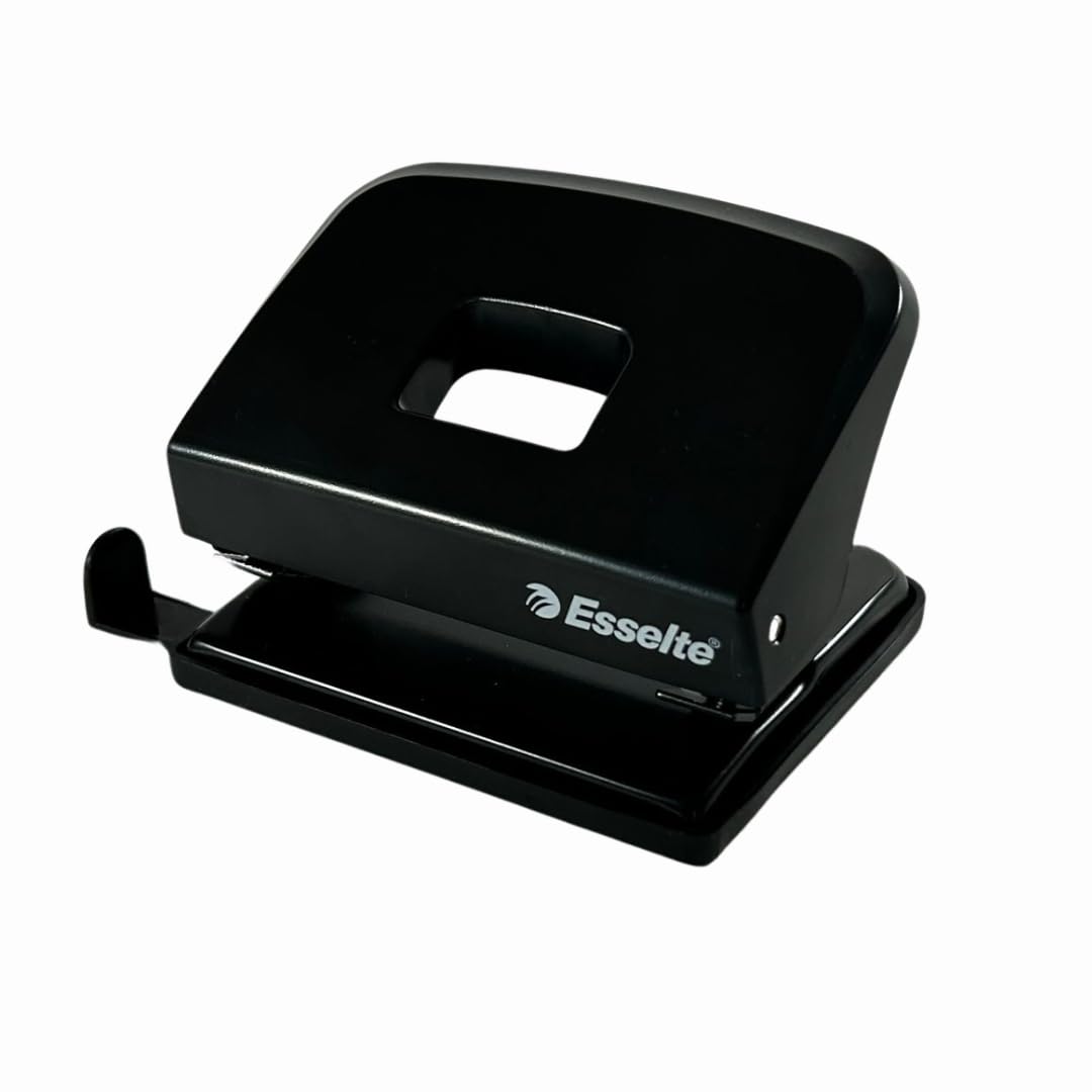 Esselte Perforatrice de bureau en métal - Perforatrice à papier - 20 feuilles - Rail de butée - Format A4/A5/A6 - Noir