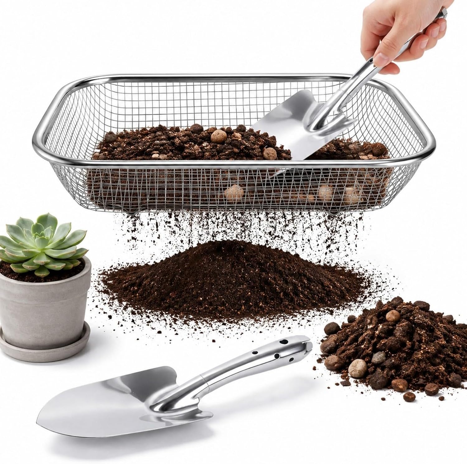 Tamis de Jardinage 2 Pièces, Tamis à Terre en Acier Inoxydable 201 avec Maille de 6 mm, Crible à Compost pour Sable, Gravier et Semences, avec 1 Pelle de Jardin, 33,5 x 25 x 6 cm, Argenté