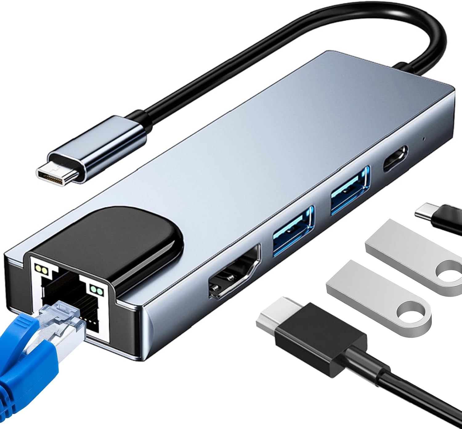 Adaptateur USB C 5 en 1, Hub USB C Multiport avec Ethernet RJ45, 4K HDM1, 3 Ports USB 3.0 et PD 100W, Compatible avec Ordinateur Portable et Appareils Type C