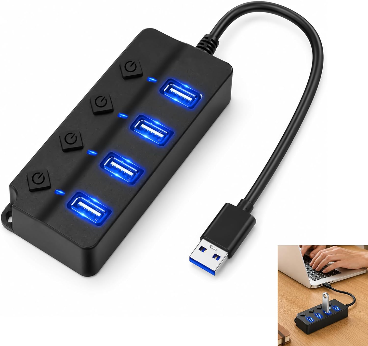Hub USB À 4 Ports, Hub USB avec Commutateur Marche Arrêt USB 3.0 4 en 1 avec Interrupteurs Individuels, Multiprise USB 1 Port USB 3.0 et 3 Ports USB 2.0, USB LED pour Transfert Données Haute Vitesse