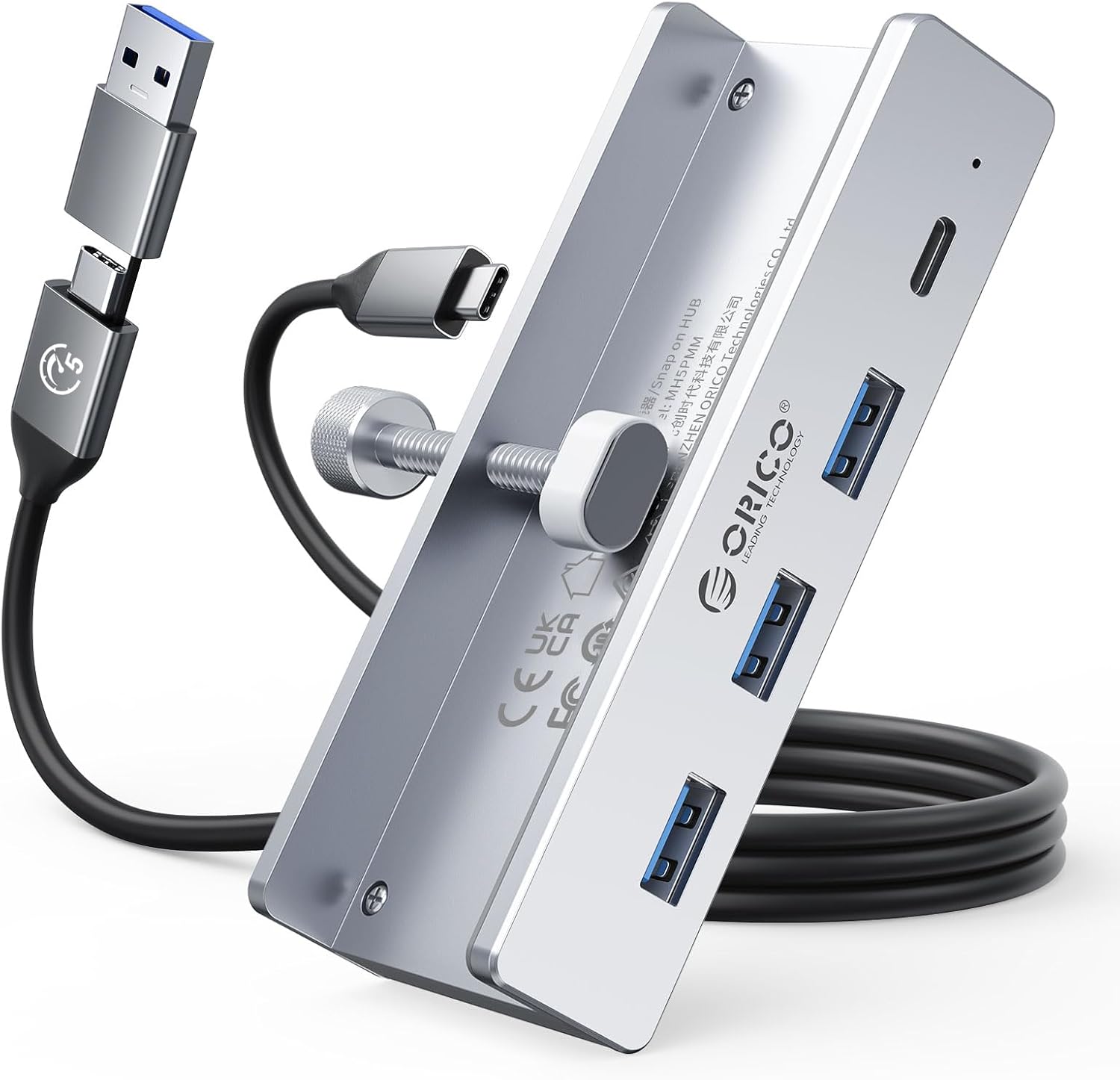ORICO Hub USB, Hub USB 3.0 en Aluminium avec Port d'alimentation 5 V, Adaptateur USB C 4 Ports avec 3 USB-A 3.0 et 1 USB-C 3.0, 5 Gbps, câble de 100 cm (C vers A/C), pour moniteurs, Bureaux, Noir