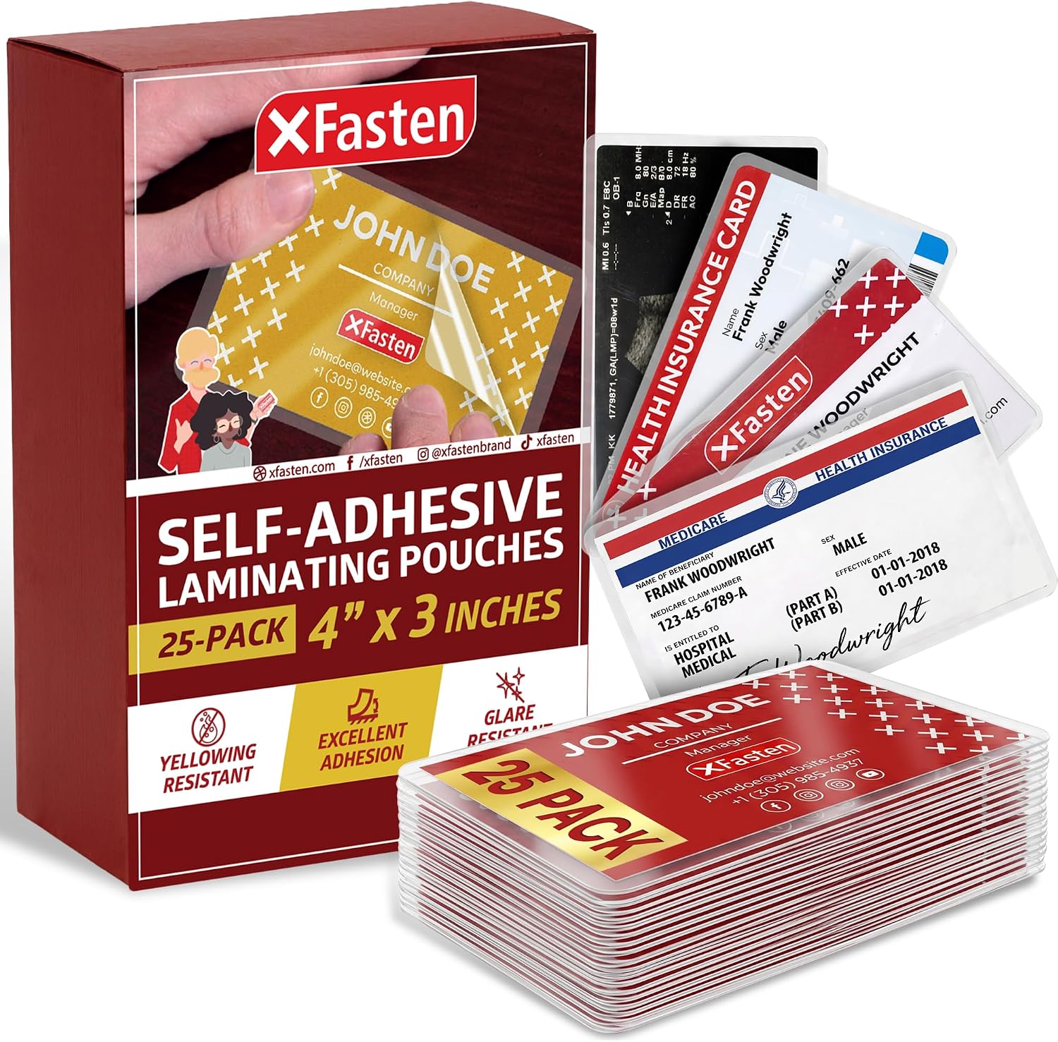 XFasten Pochettes Plastifiées Autoadhésives au Format de Carte de Visite, de 9,5 Mil et Pochette Plastifiée Dure pour Cartes de Visite (Pack de 50)