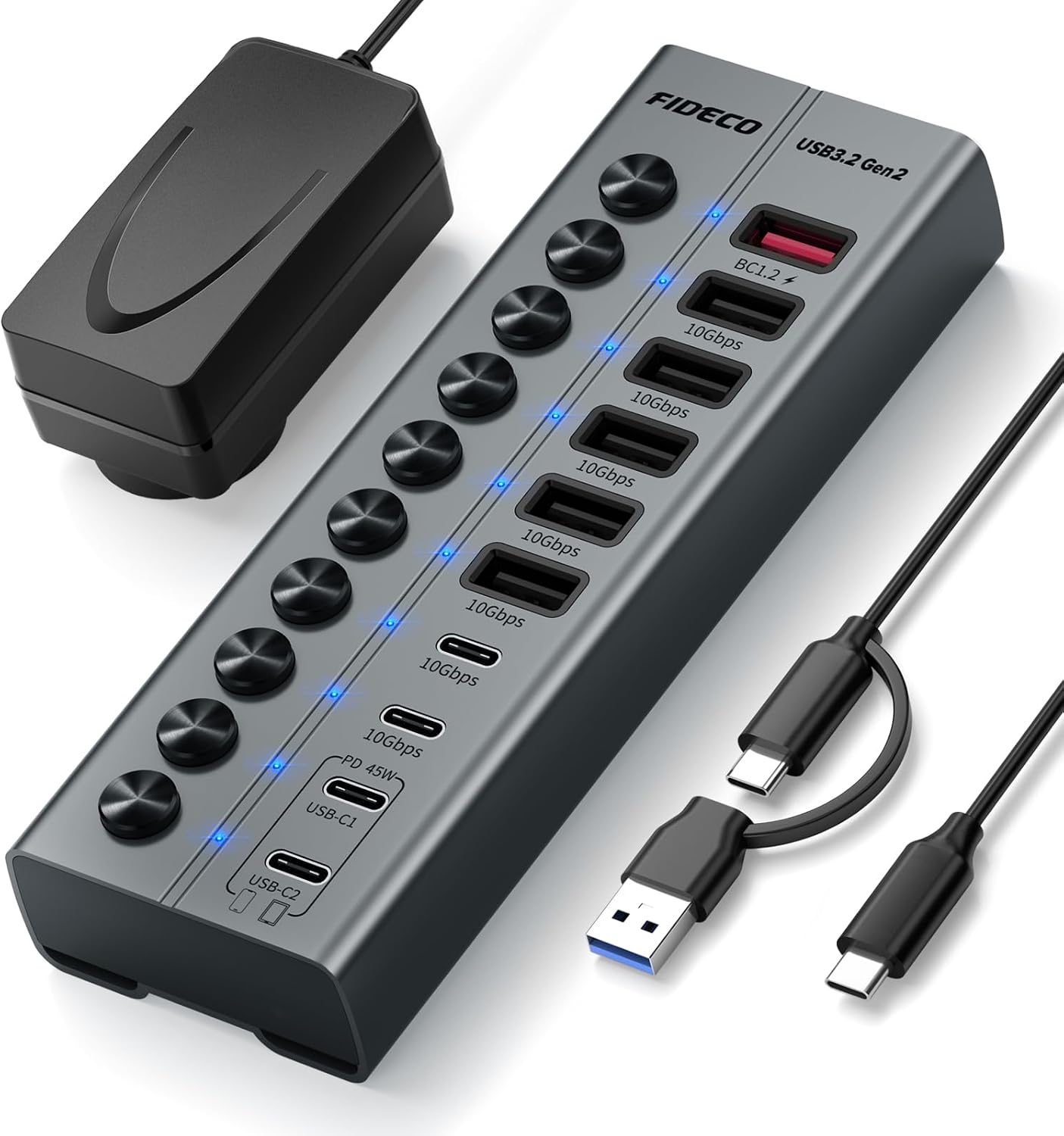 FIDECO Hub Alimenté 10 Ports 72W, Hub USB avec 1 BC1.2, 2 Ports de Charge PD 45W et 7 Ports 10Gbps USB 3.2 (5 USB-A + 2 USB-C), Hub USB en Aluminium pour Laptop, PC, MacBook, iPhone 17/16/15