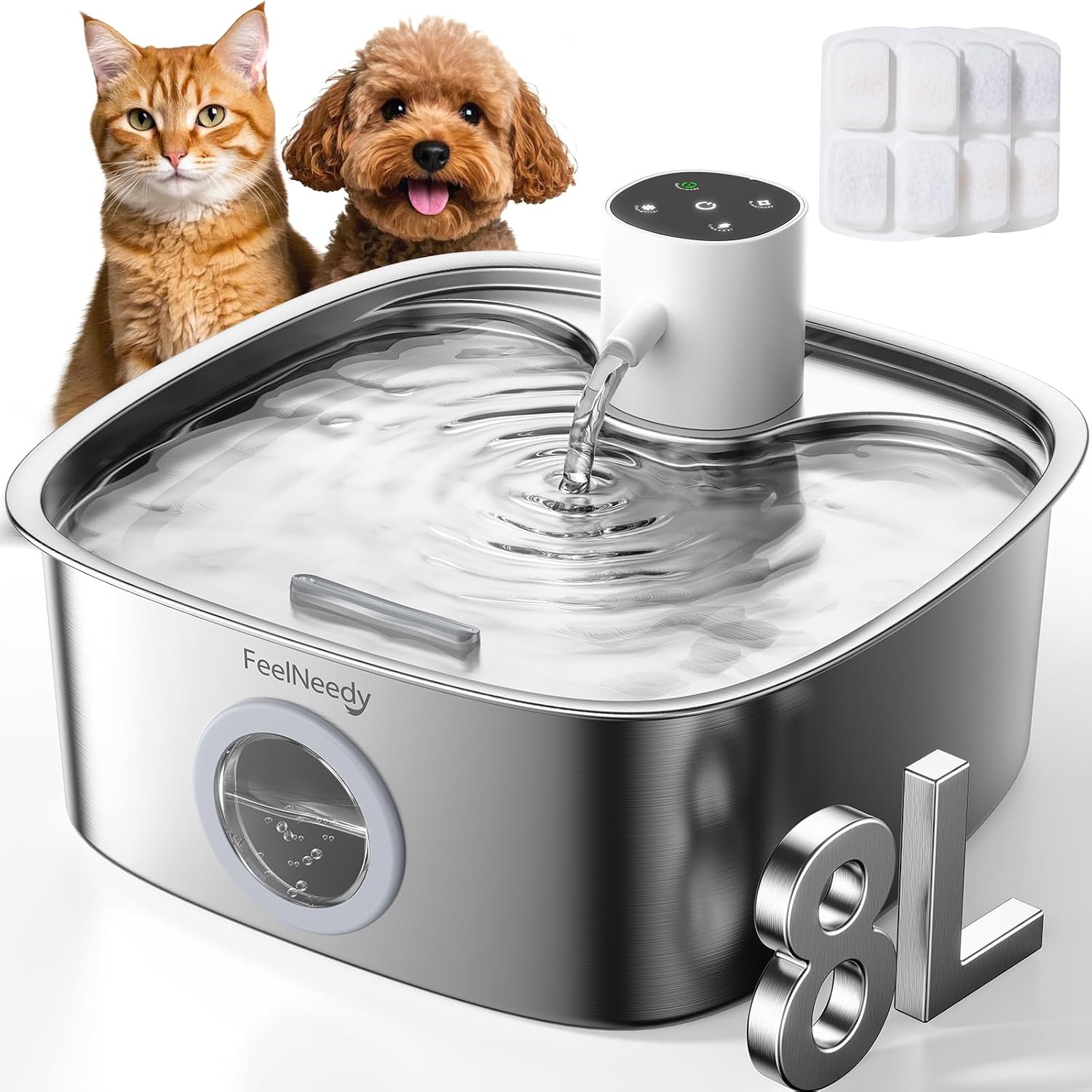 FEELNEEDY 8L Fontaine a Eau Chat sans Fil avec 3 Filtres, Batterie 5000mAh