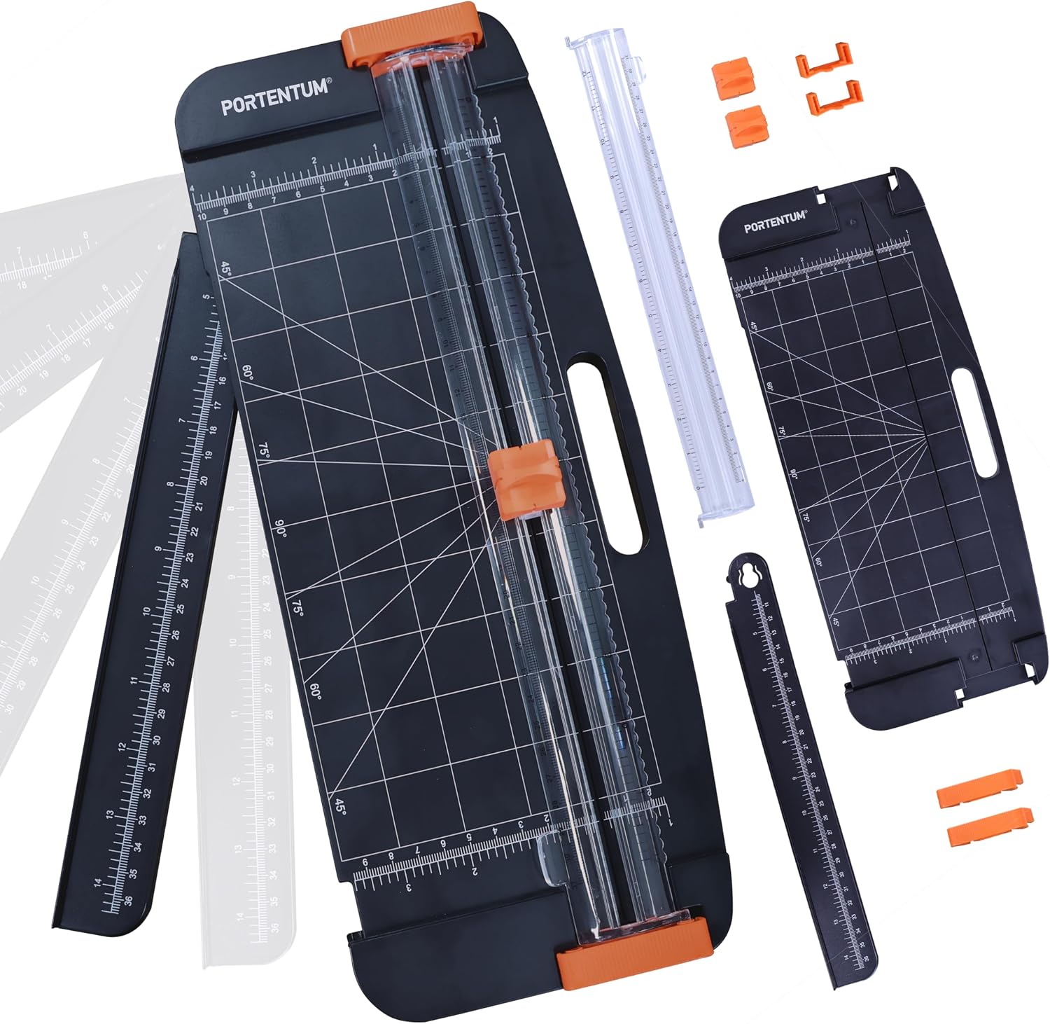 PORTENTUM Massicot A4 avec rainurage et règle extensible amovible – Coupe papier portable avec butée réglable et coupe diagonale en angle – Guillotine pour loisirs créatifs et bureau – 12 feuilles