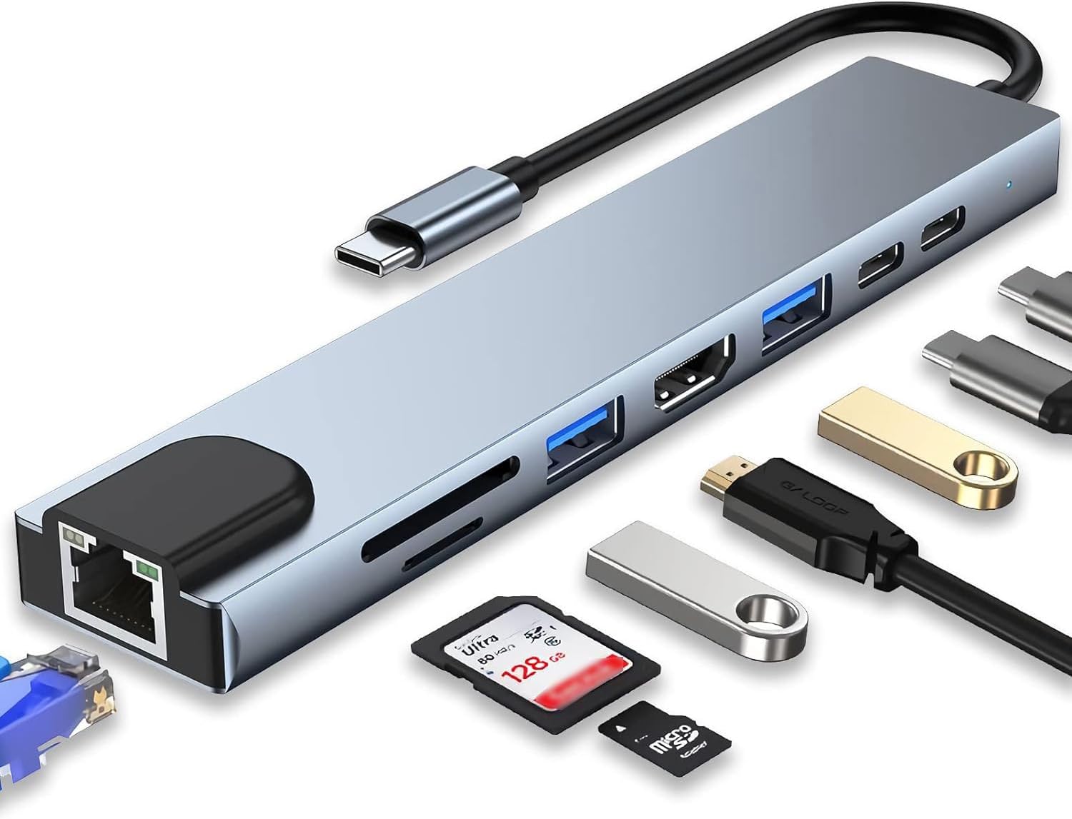 Station d'accueil Moman CT8 avec Adaptateur multiport 8 Ports avec USB Type-C / 4K @ 30 Hz HD, 2 Ports USB 3.0/100 W Power Delivery/Lecteur de Carte SD/TF/Ethernet RJ45, avec iPhone 15/MacBook iPad