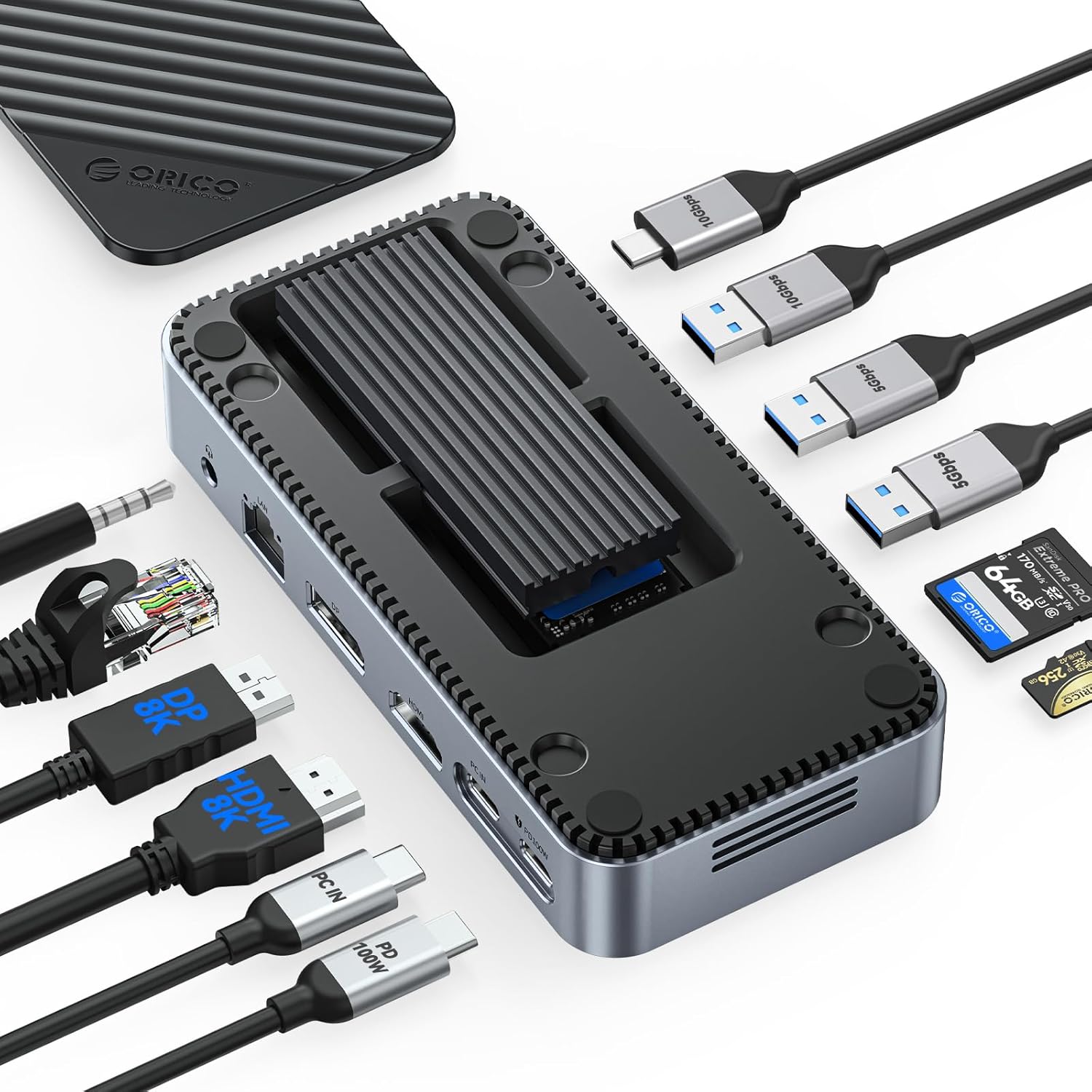 ORICO Hub USB C 11 en 1 avec boîtier SSD M.2, station d'accueil avec ventilateur, HDMI, DP, Gigabit Ethernet, PD 100W, SD/TF, Audio/Microphone, 10Gbps & 2x5Gbps