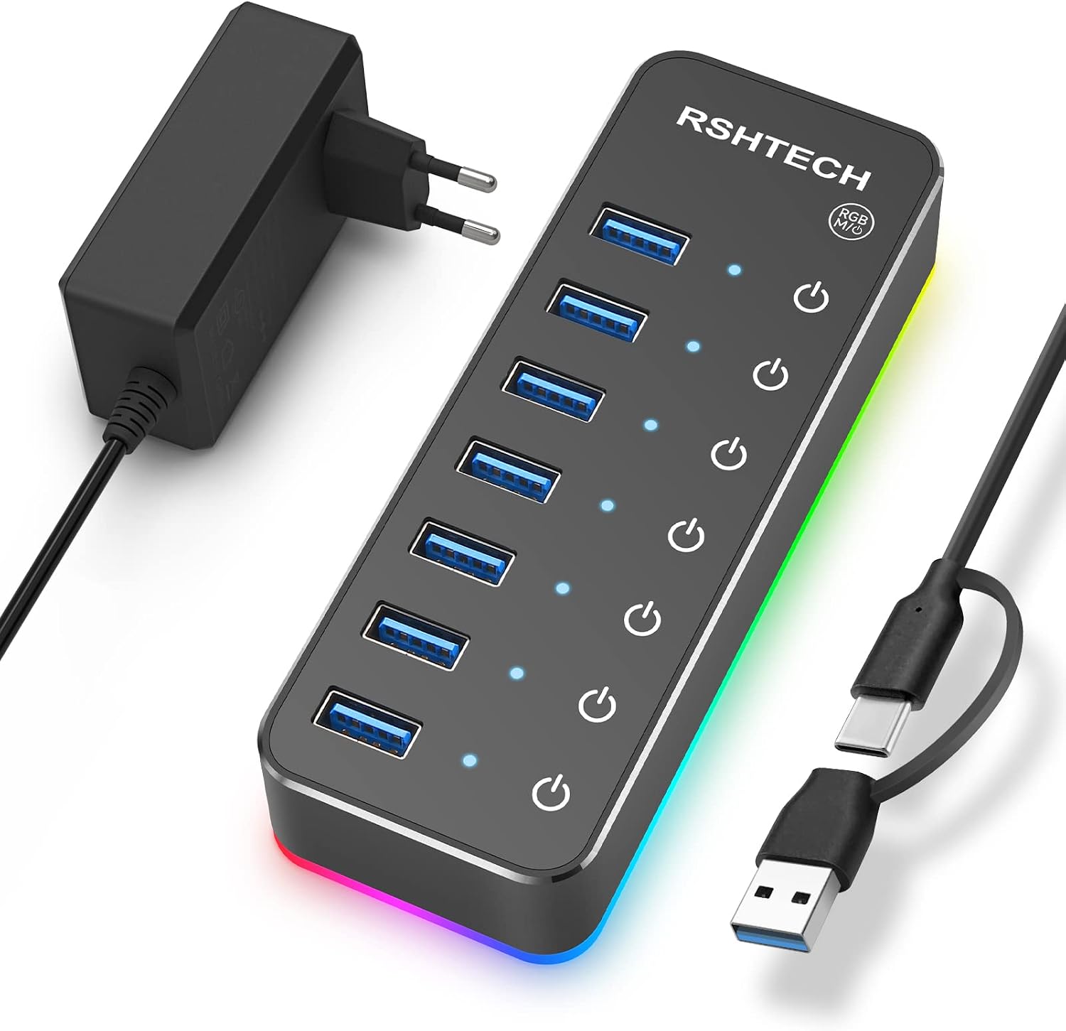 RSHTECH Hub USB Alimenté, Aluminum USB 3.0 Hub 7 Ports RGB, RSH-518R