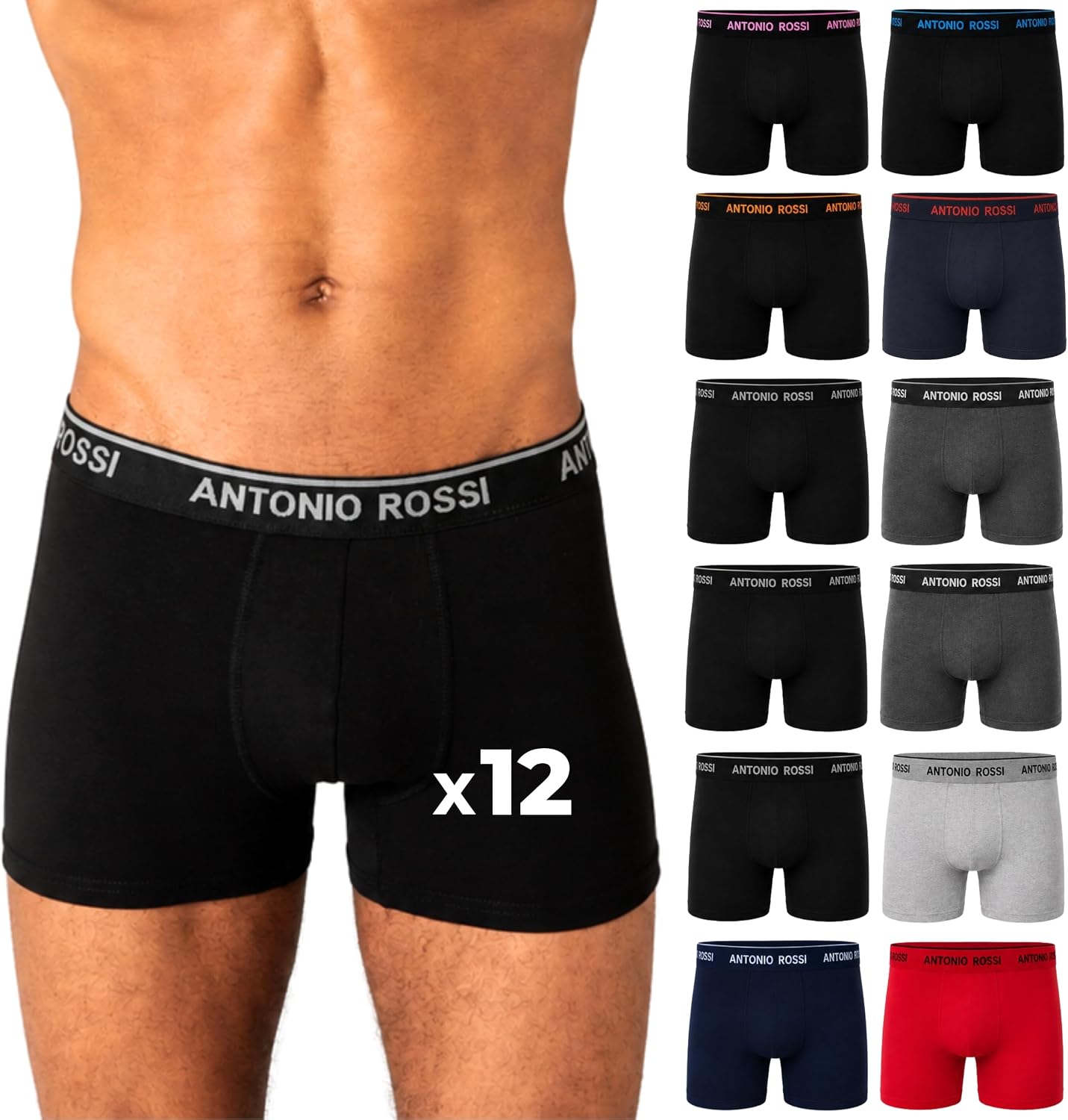 ANTONIO ROSSI Lot de 12 Boxers Homme en Coton, Caleçons Doux et Respirants