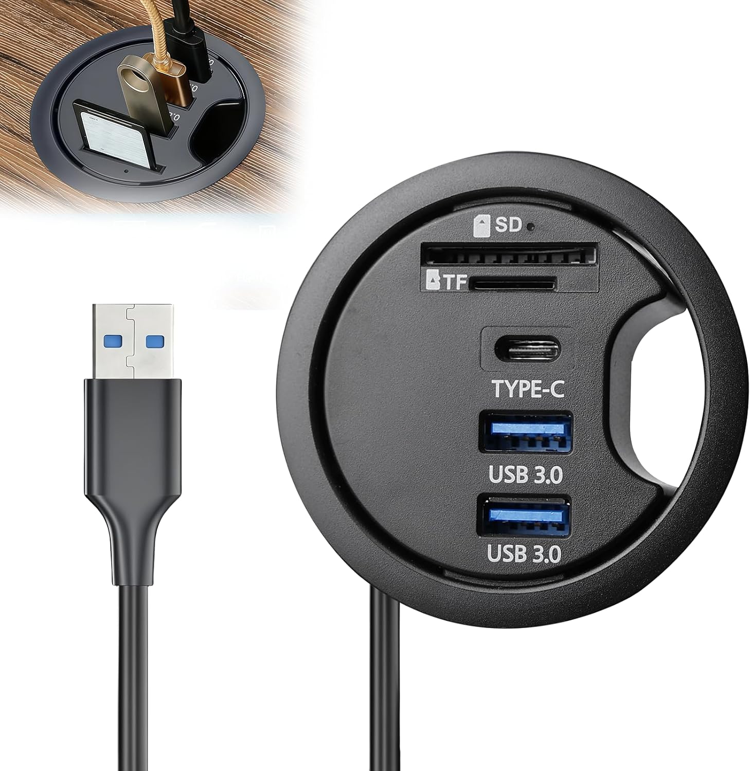 Hub USB 3.0 avec lecteur de carte SD/TF, 60 mm, station d'accueil avec ports Type-C et 2 ports USBA, hub encastrable pour ordinateur de bureau, traversée de table, hub USB pour PC, ordinateur portable