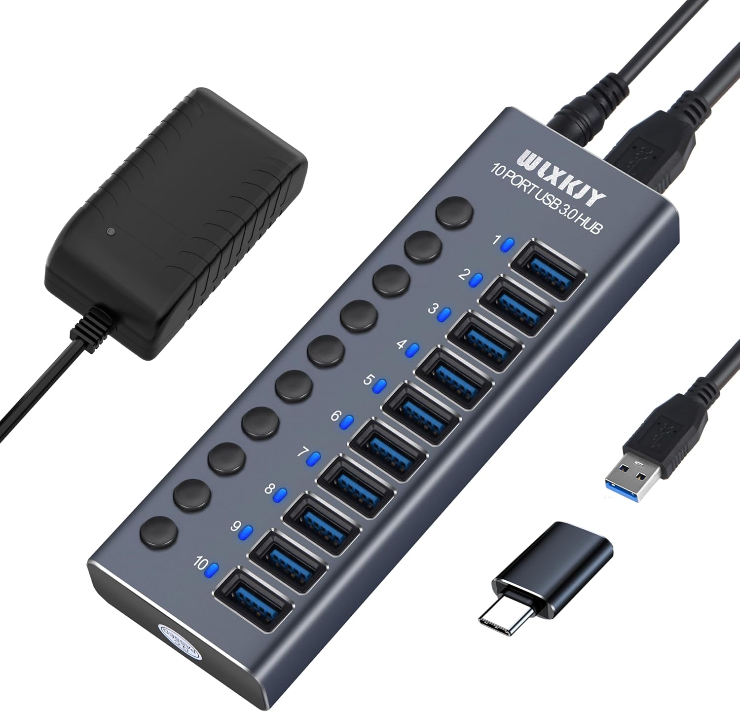 Hub USB 3.0 WLXKJY avec Adaptateur d'alimentation Externe 36 W, Corps en Aluminium, 4 Ports avec commutateurs indépendants, Compatible avec Les Ordinateurs de Bureau et Autres Ordinateurs Portables.