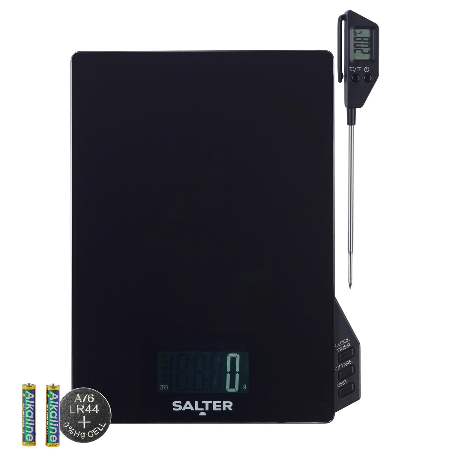 Salter Lot de Thermomètre et Balance de Cuisine – Minuterie et horloge intégrées, sonde de thermomètre détachable, Aquatronic pour mesurer les liquides, Celsius/Fahrenheit, mesure multiple