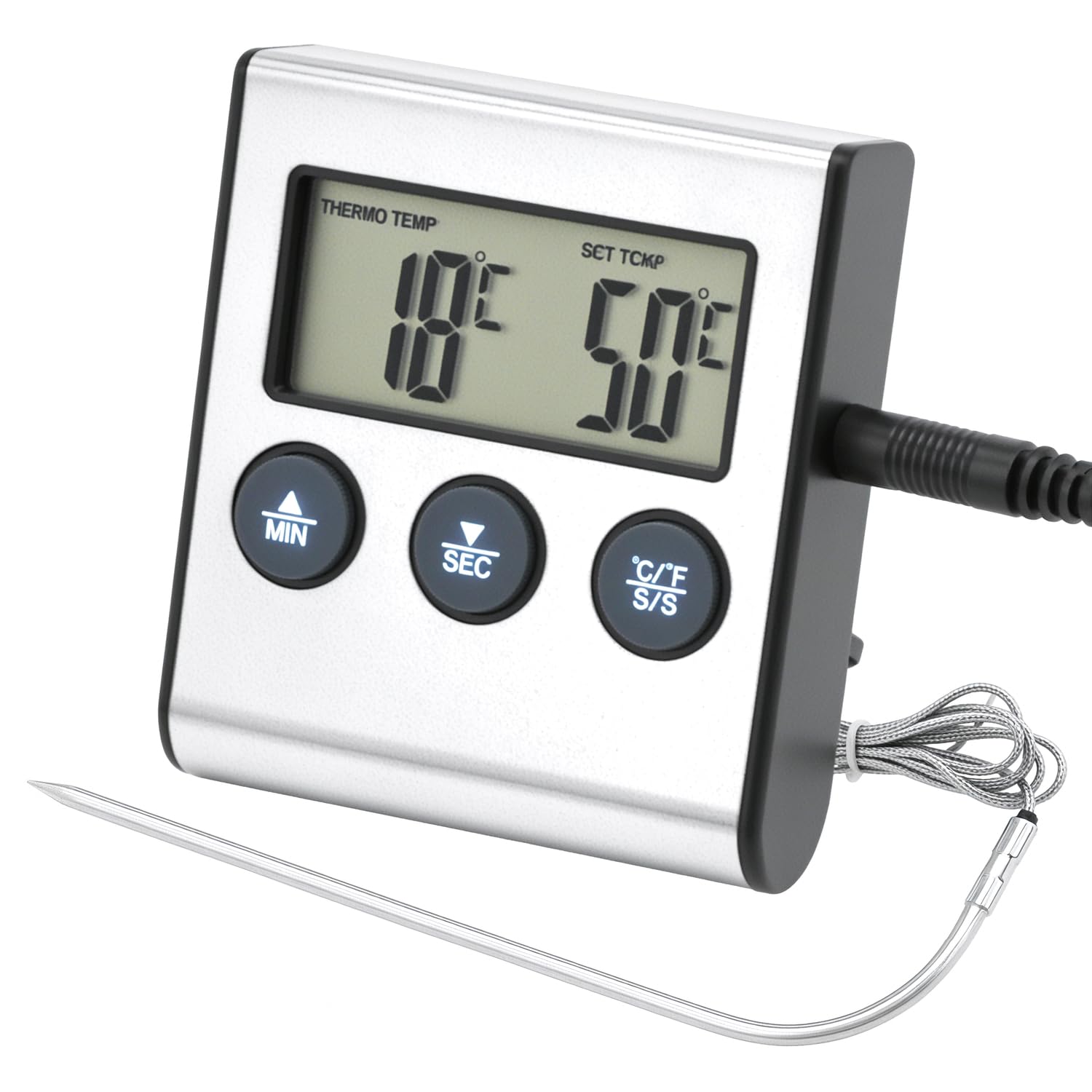 QWORK® Thermomètre Cuisine Numérique - Sonde, Fonction minuterie, Écran LCD - pour Cuisson au Four et Barbecue