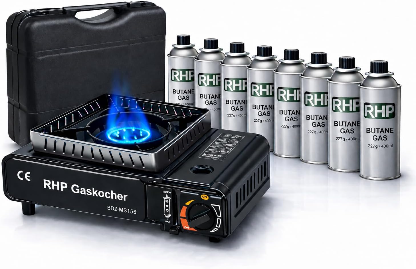 Réchaud à gaz d'extérieur RHP cuisinière de camping I cuisinière à gaz avec 8 cartouches de gaz à baïonnette - avec étui pratique - jusqu'à 30% de consommation de gaz en m