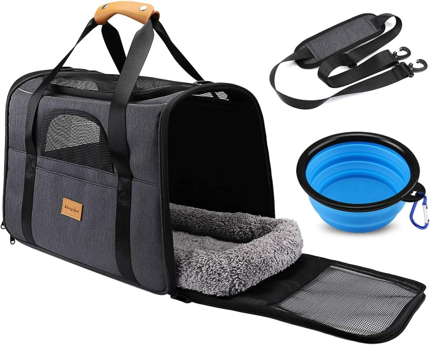 Morpilot Sac Transport Chat Chien, Caisse de Transport Chat Respirant et Pliable Cage Transport Chat avec Matelas en Peluche Amovible + Bol (Accepté au Maximum 15lbs/7kg,44* 31* 34cm)