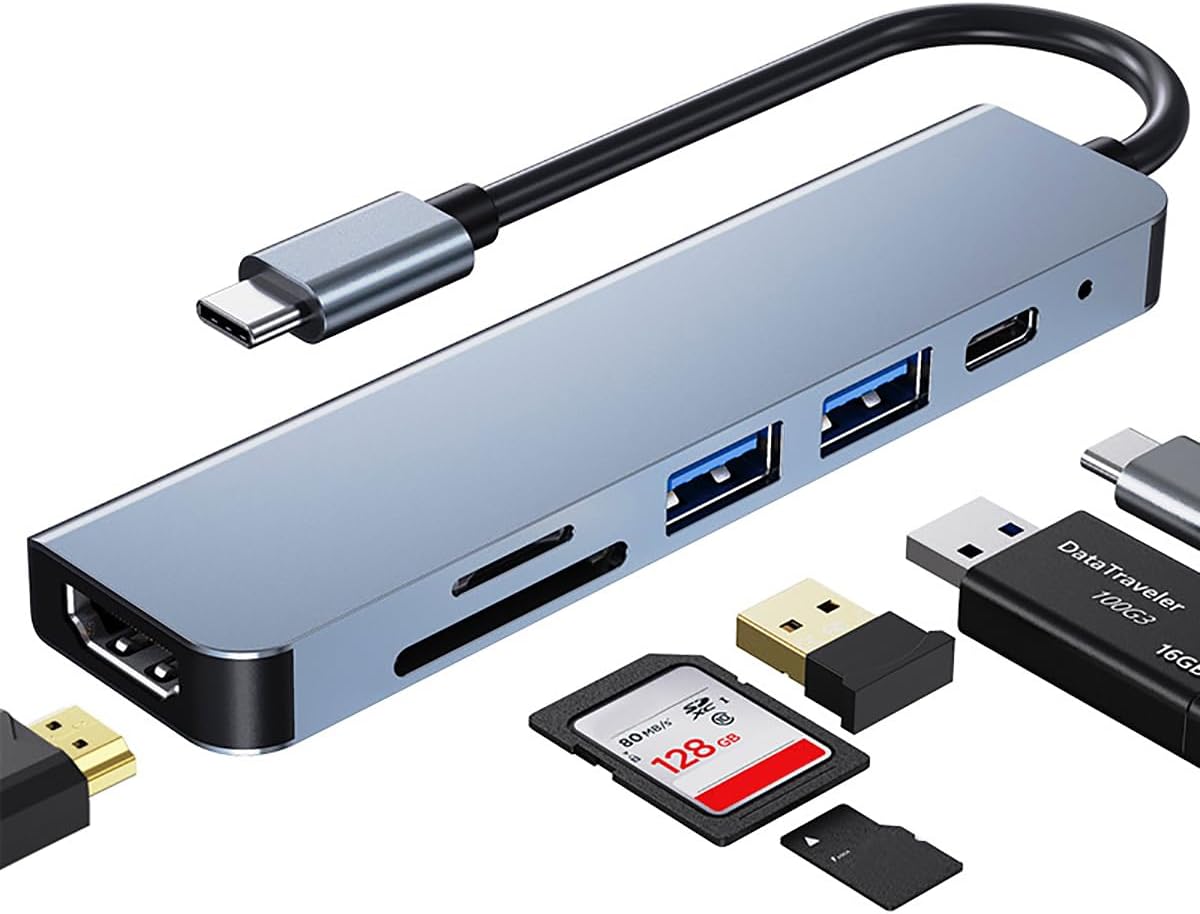 Hub USB C, Adaptateur USB C multiport pour MacBook Pro, Hub USB C à HDMI 6-en-1, Compatible avec Les Ordinateurs Portables USB C, etc. (4K HDMI USB3.0 USB2.0 SD/TF Card Reader 87W PD)