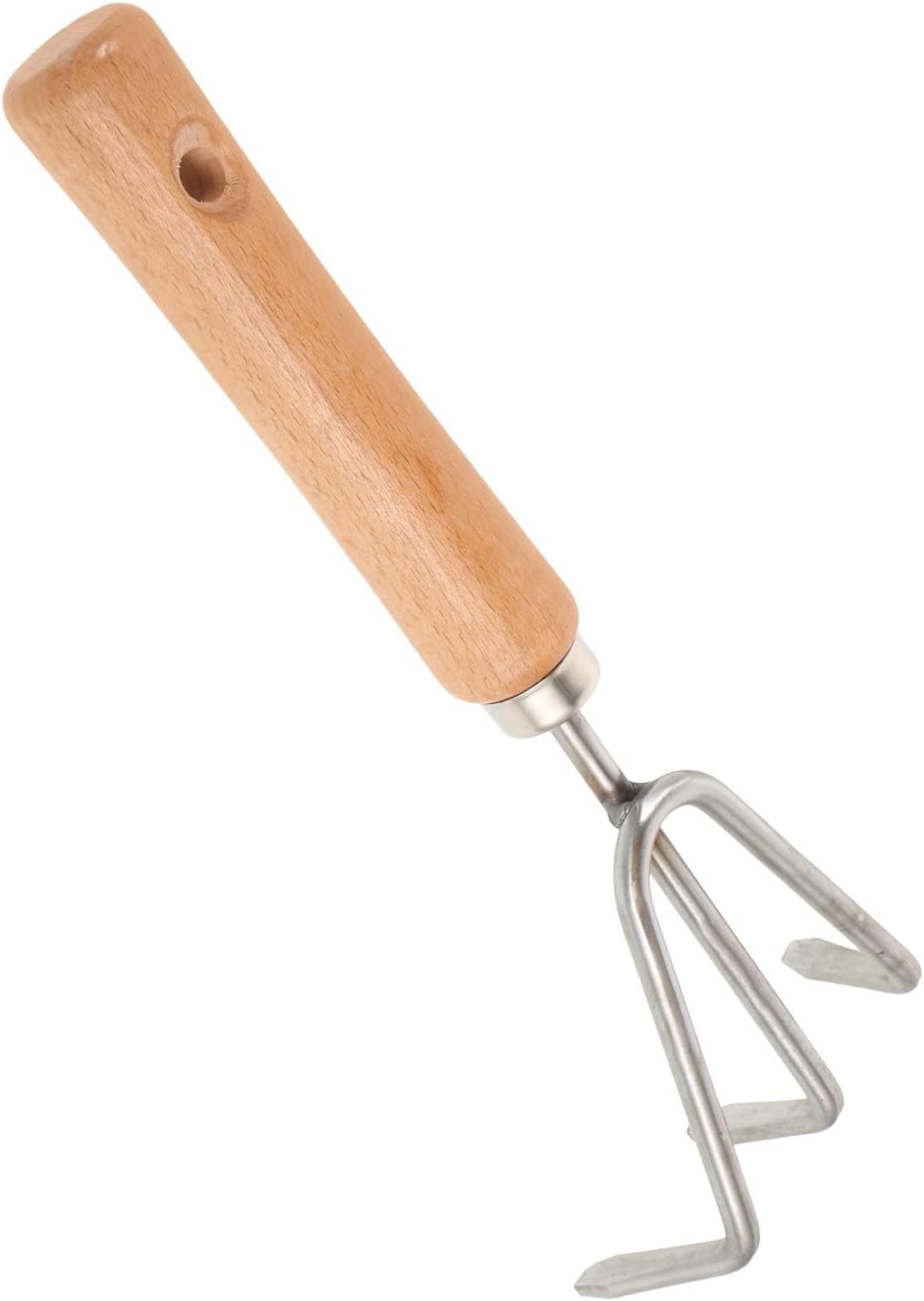 Petit râteau à trois dents en acier inoxydable et manche en bois pour desserrer le sol et enlever les mauvaises herbes pour le camping et les activités de plein air comme outil pratique pour