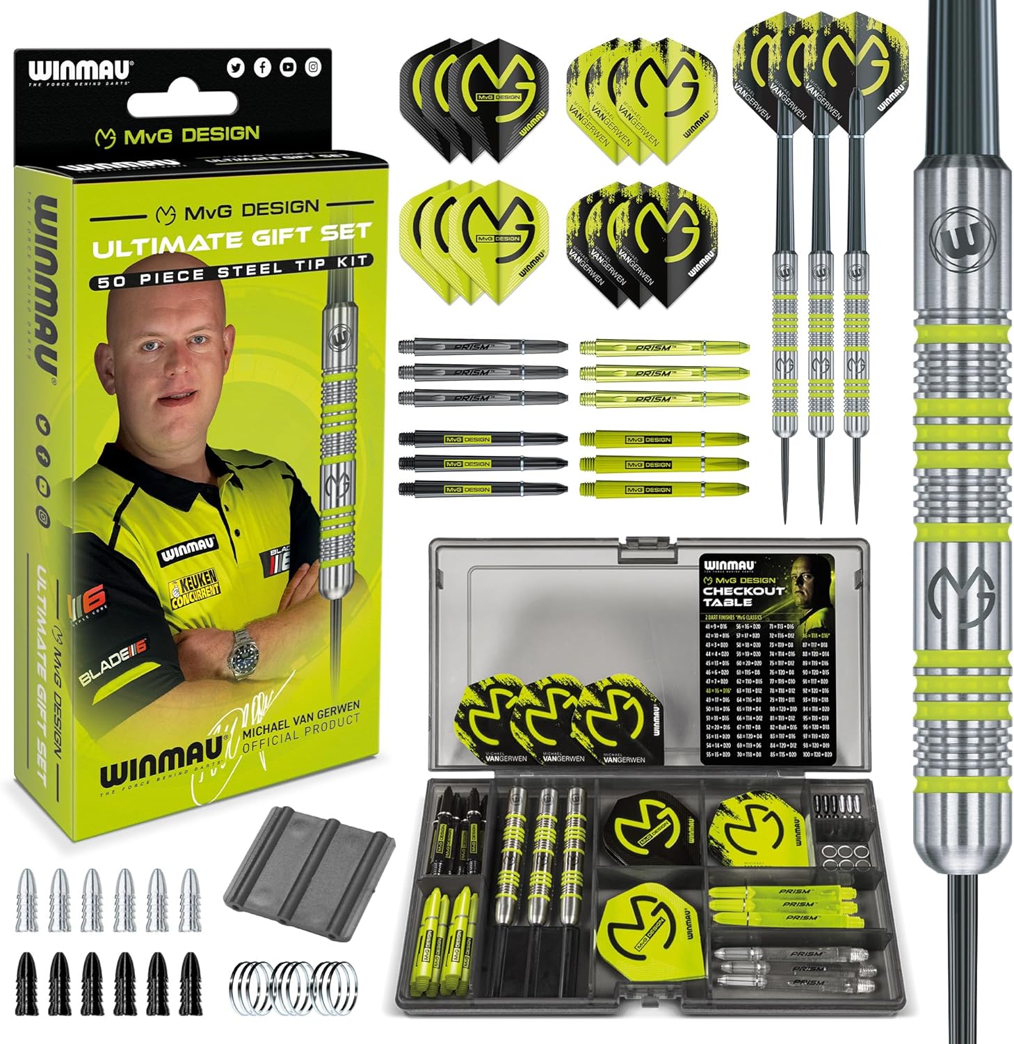 WINMAU Michael van Gerwen MvG Coffret cadeau de 50 fléchettes avec 4 jeux de tiges, 4 jeux d'ailettes et accessoires