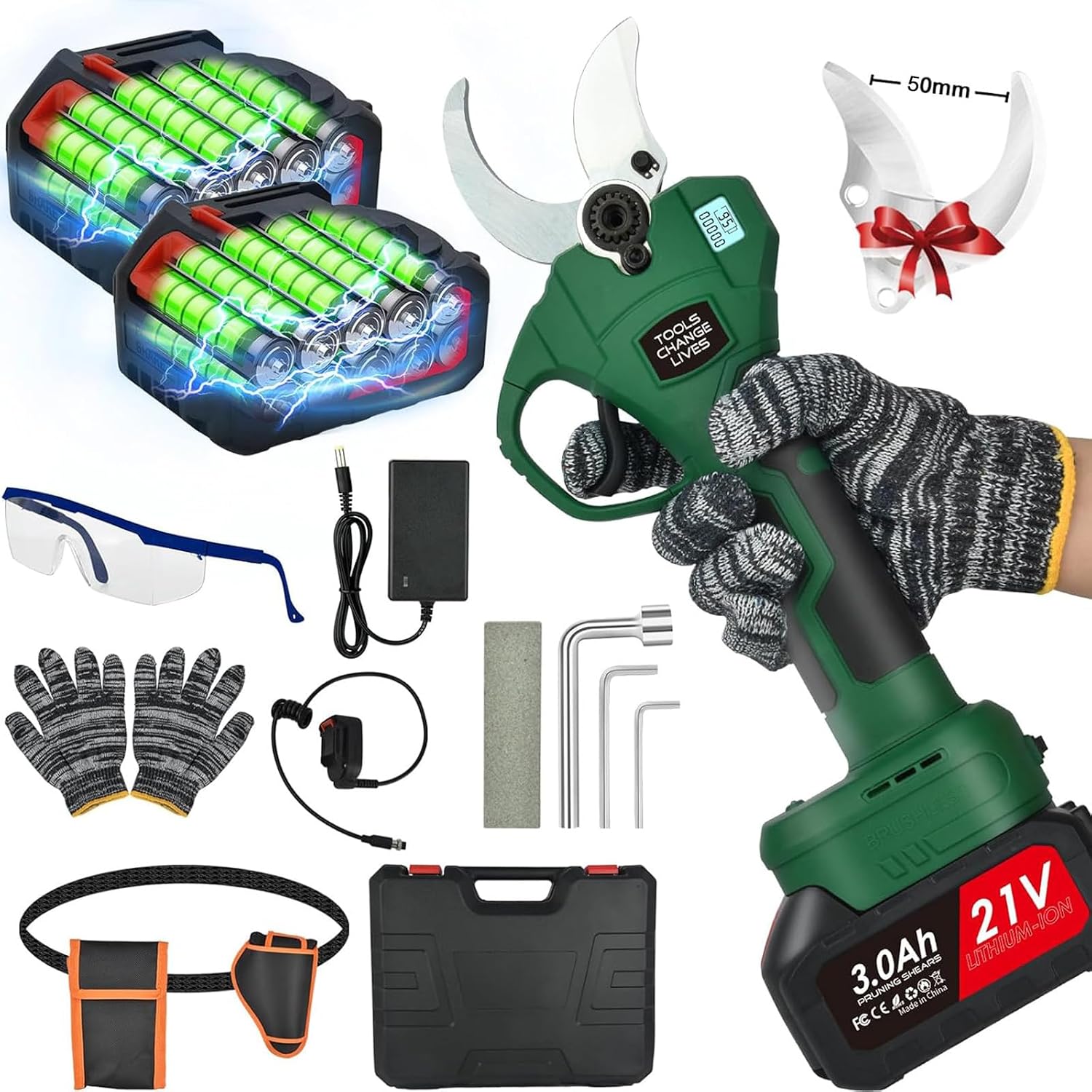 Secateur Electrique Sans Fil 50mm: Secateur Electrique - 21V Sécateur Électrique avec LCD-Anzeige & 2Pcs 3Ah Batterie Sécateur de Jardin