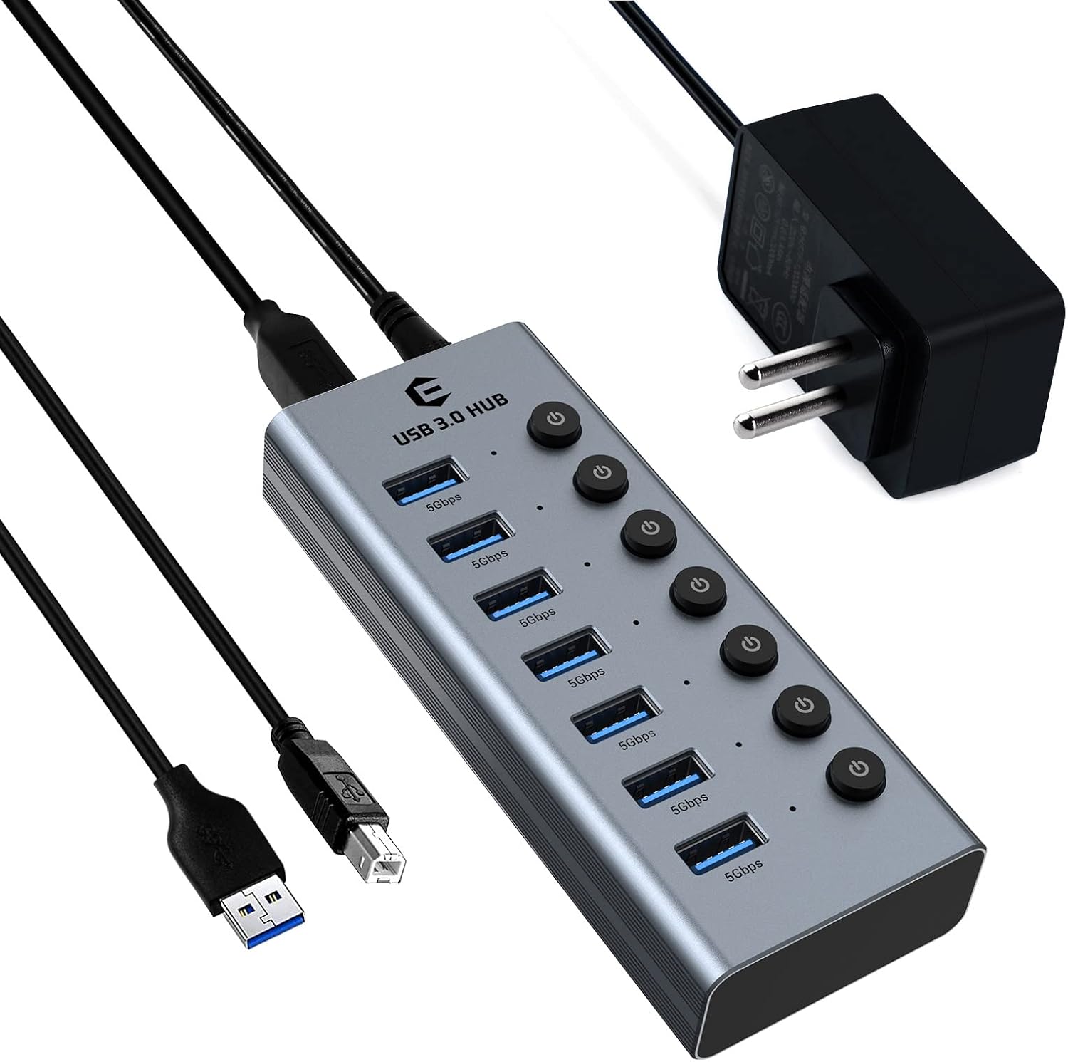 Hub USB 3.0 avec Alimentation Hub USB, 7 Ports Hub USB Actif Distributeur USB avec interrupteurs individuels on/Off et 1 m de câble pour Surface, Chromebook, Laptop, PC, HHD, SSD
