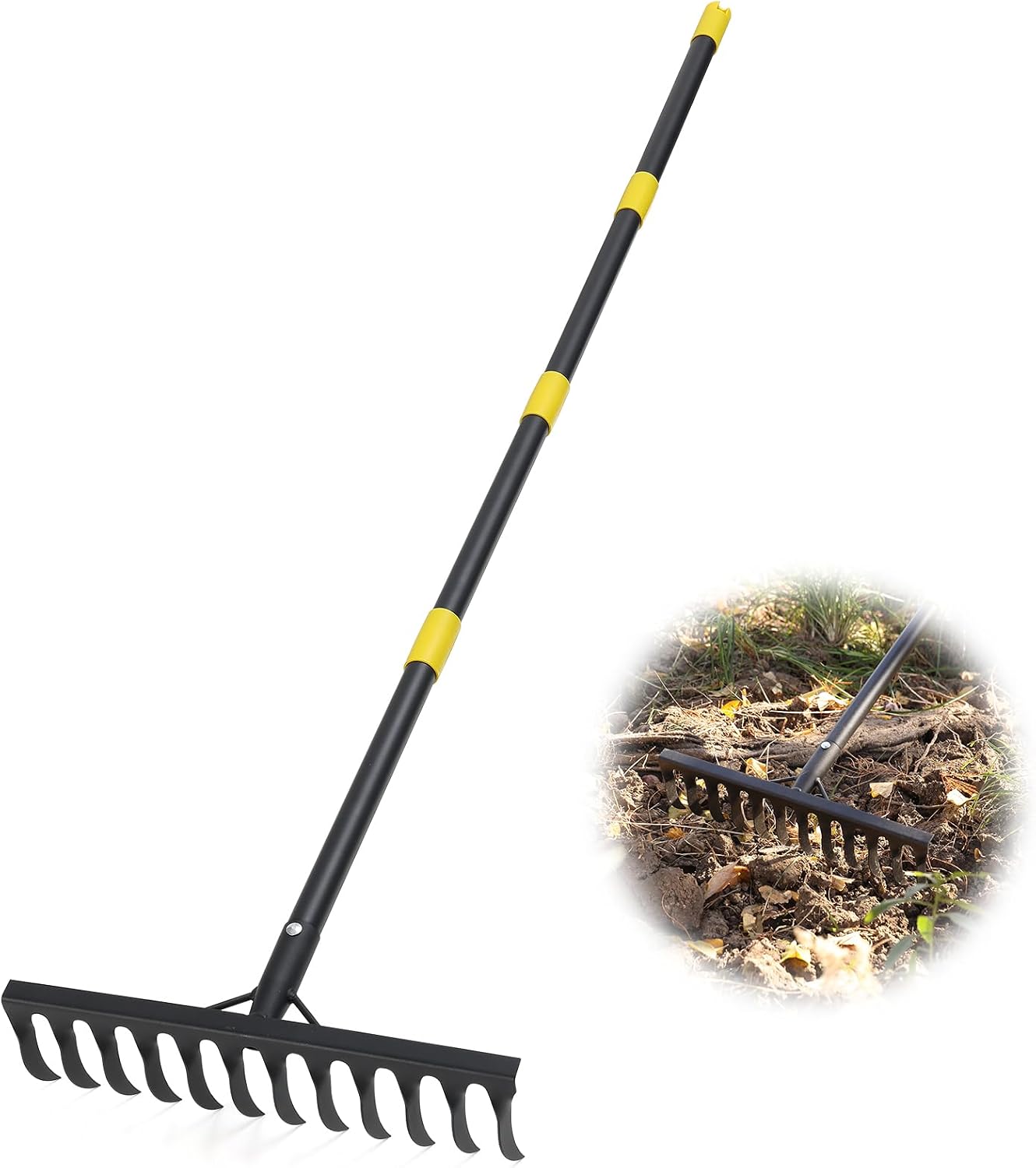 Râteau de jardin RAK 189 cm, Râteau de jardin en métal avec manche, râteau à 12 dents en acier pour ameublir le sol et niveler la pelouse, balai à feuilles, râteau à gazon, outil de jardinage pour