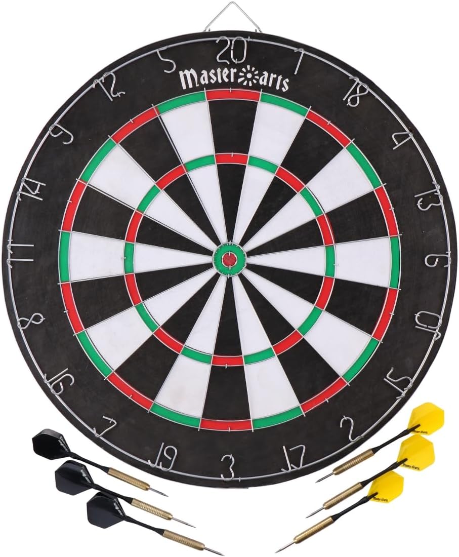 MasterArts Cible Fléchette – Jeu de Flechette 45 cm – avec 6 Projectiles À Pointe Métallique – Cible Double‑Face – avec Crochet De Suspension – Amusement chez Soi Ou Pub