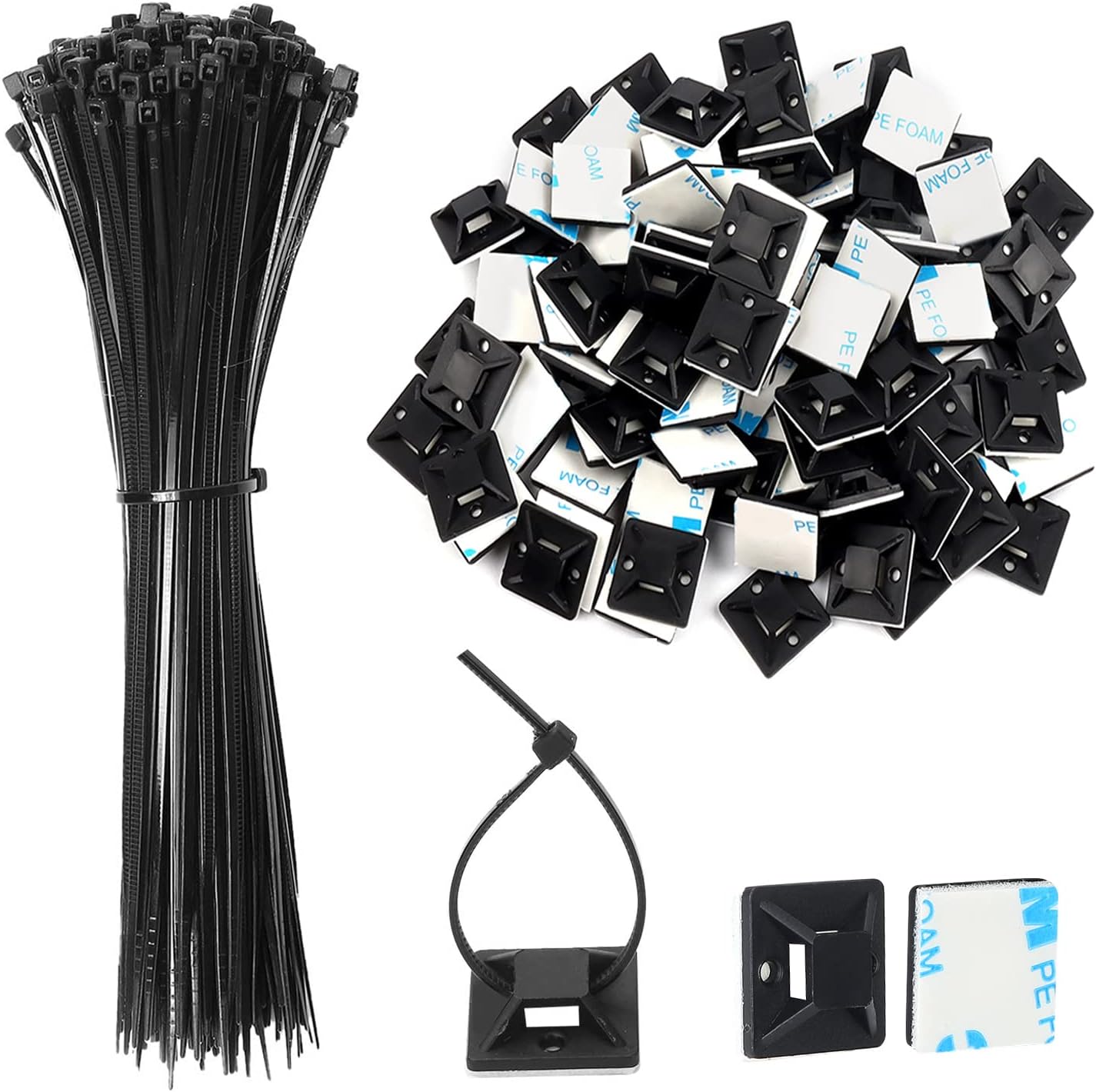 JatilEr 200pcs Serre Cable Plastique+Embases Adhesive pour Attache de Cable