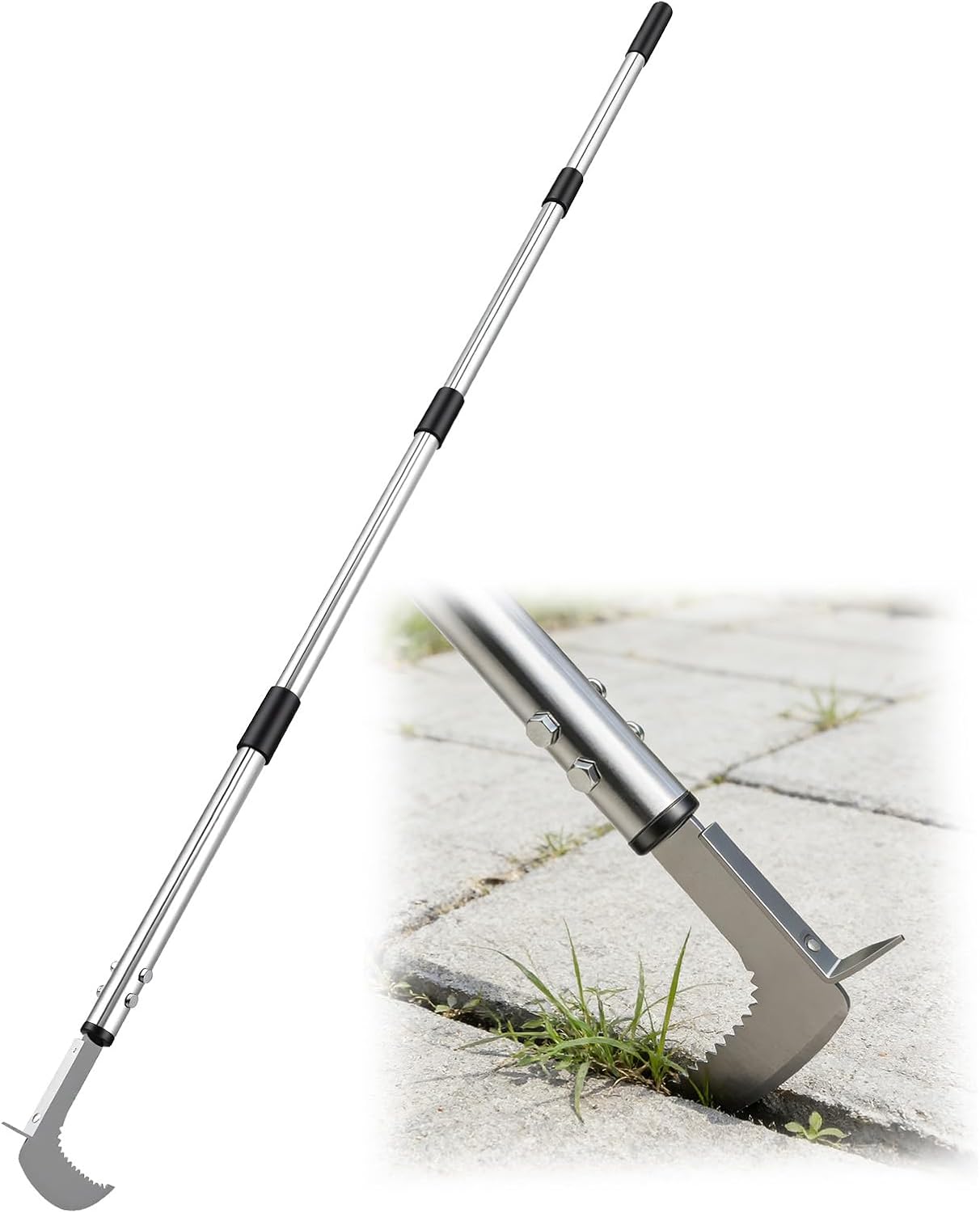 Couteau désherbeur Manuel – Désherbeur pour Pavés et Terrasses, Manche Réglable 145cm avec Lame Dentelée en L et Brosse, Pour cour, pelouse, terrasse, jardin, désherbeur Ergonomique