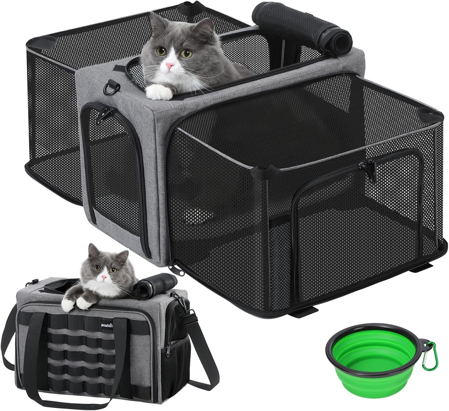 Pecute Sac de Transport Chat Extensible, Sac Transport Chat Respirant et Pliable, Sac de Transport pour Chat Caisse de Transport Chat pour Voyage en Avion Train vec et Bandoulière Réglable + Bol,Gris