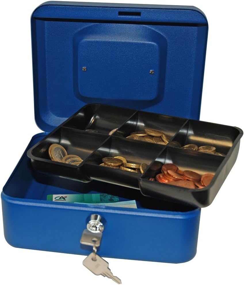 Reskal - Caisse à Monnaie Verrouillable en métal 20 x 16 x 9 cm bleue avec Monnayeur et 2 clés inclus