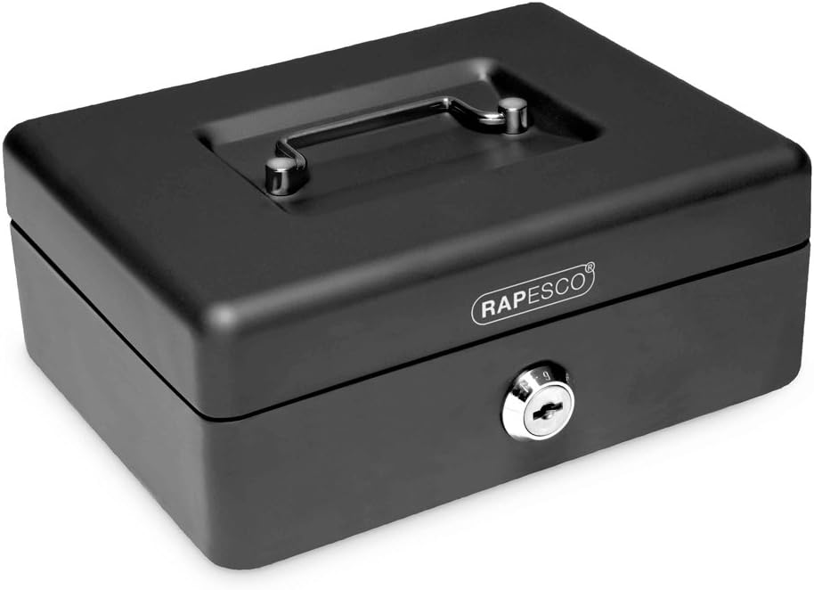 Rapesco SB0008B1 Caisse à Monnaie en Métal avec Serrure, 20 cm, Noir