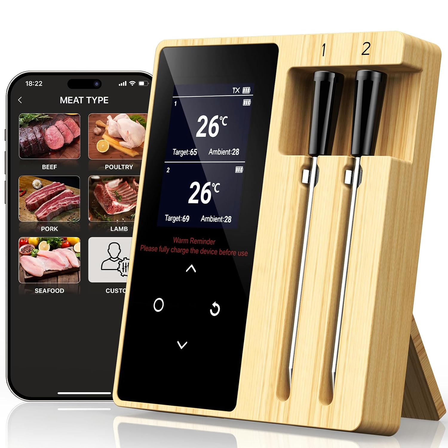 Onherm Thermomètre Cuisine Sans Fil avec 2 Sondes, Meat Thermometer avec LCD Écran, Intelligente APP, IP67 Étanche, Fonction D'alarme, Thermomètre Barbecue pour Four, Grill, Airfryer