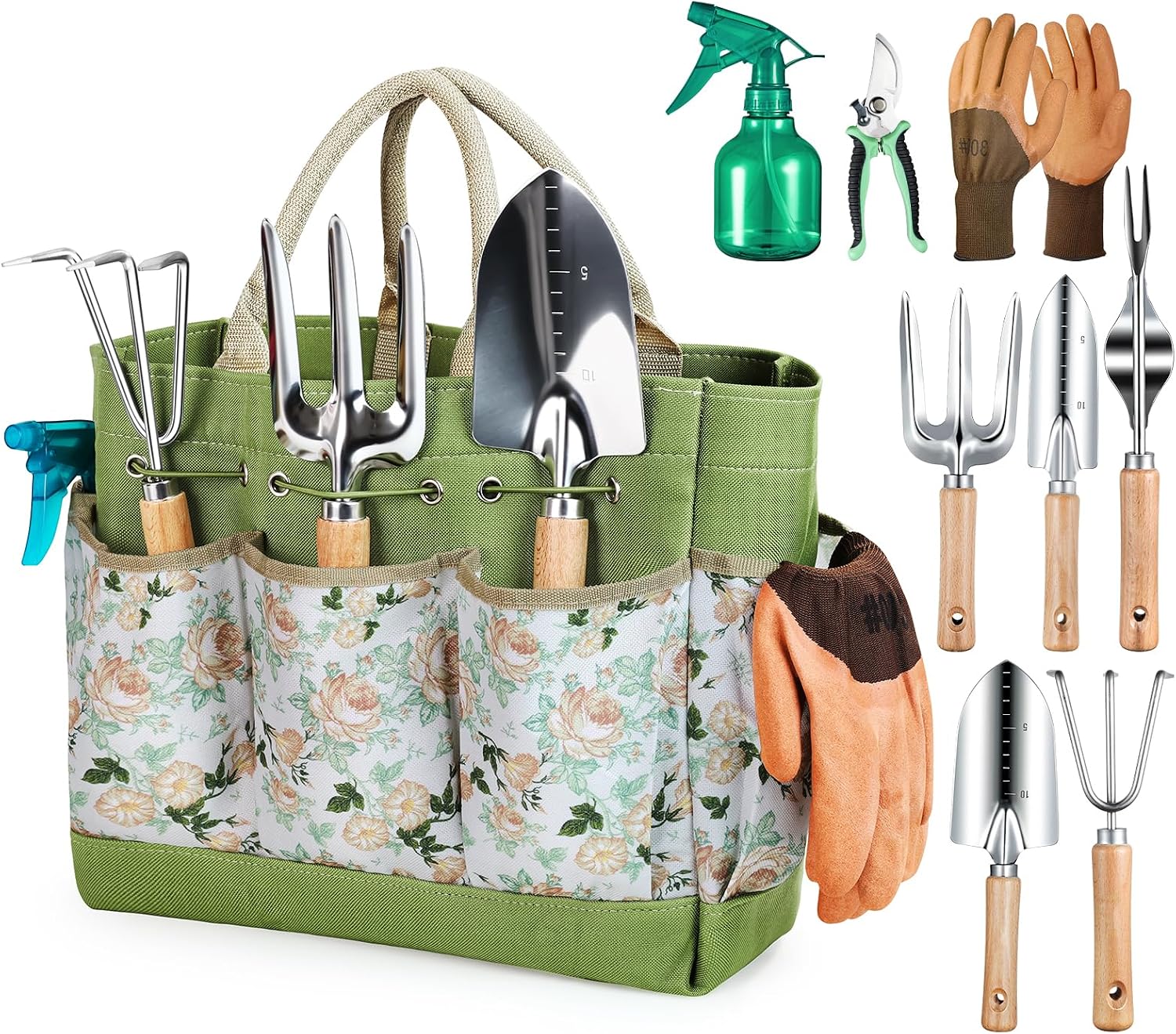 Grenebo Outils Jardinage Adulte 9 Pièces Sac Jardinage Acier Inoxydable