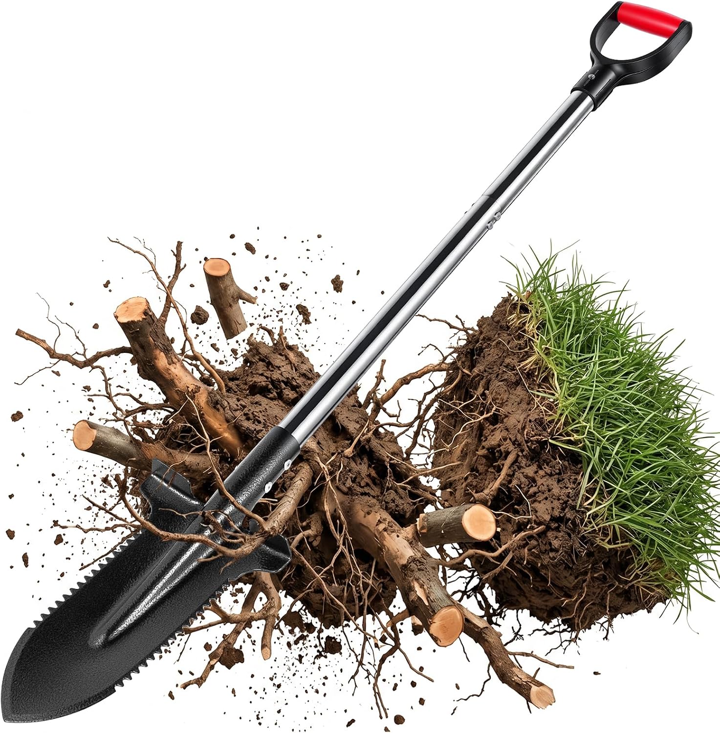 Pelle à racines lourde avec bord de coupe, pelle de jardin de 115 cm en acier au carbone avec poignée souple ergonomique, pelle pour jardin, racines, creuser et sols lourds