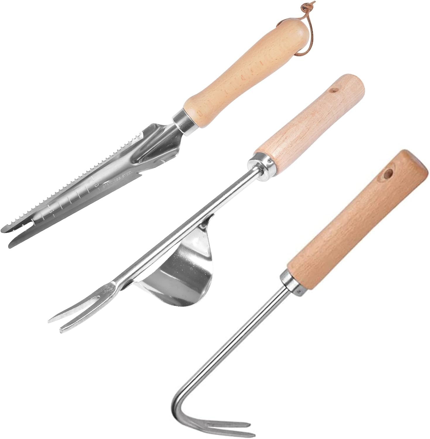 Qooloo Lot de 3 Désherbeur Manuel, Outil de Désherbage en Acier Inoxydable, Weeder de Jardin avec Poignée Bois, Extracteur de Mauvaises Herbes pour Désherber Votre Jardin, Creuser
