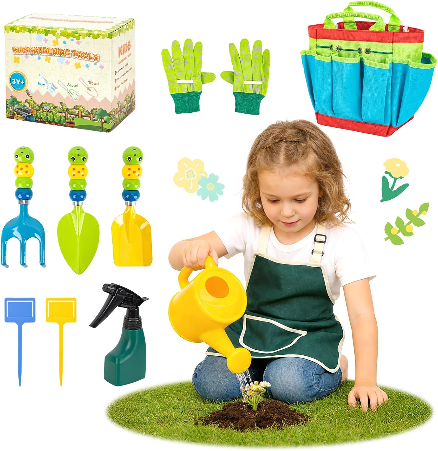 Kit Jardinage Enfant 3+ Ans: Extérieur Set Outils Jardinage Enfant, Jouet avec Pelle, Tablier, Arrosoir,Gant, Fourche, Jeux de Jardin Cadeau Garçon Fille,Vert