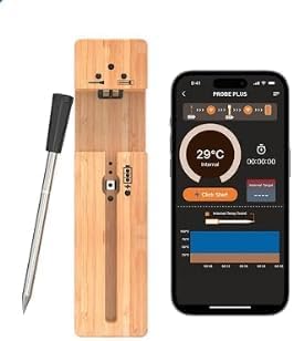 WEETIEE Jusqu'à 100m Longue Portée Thermomètre à Viande numérique sans fil Thermometre Cuisine Bluetooth intelligent Thermomètre de Barbecue Contrôle par App, Poignée en Céramique, pour Grill,four