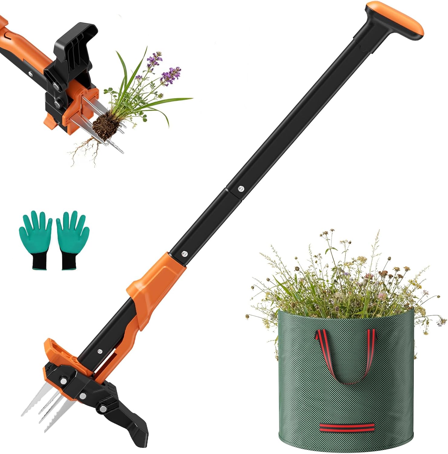 Désherbeur de 85 à 100 cm avec longueur réglable, appareil d'élimination des mauvaises herbes à long manche - Éliminateur de racines lourds pour pissenlit, outils de jardin pour cour et