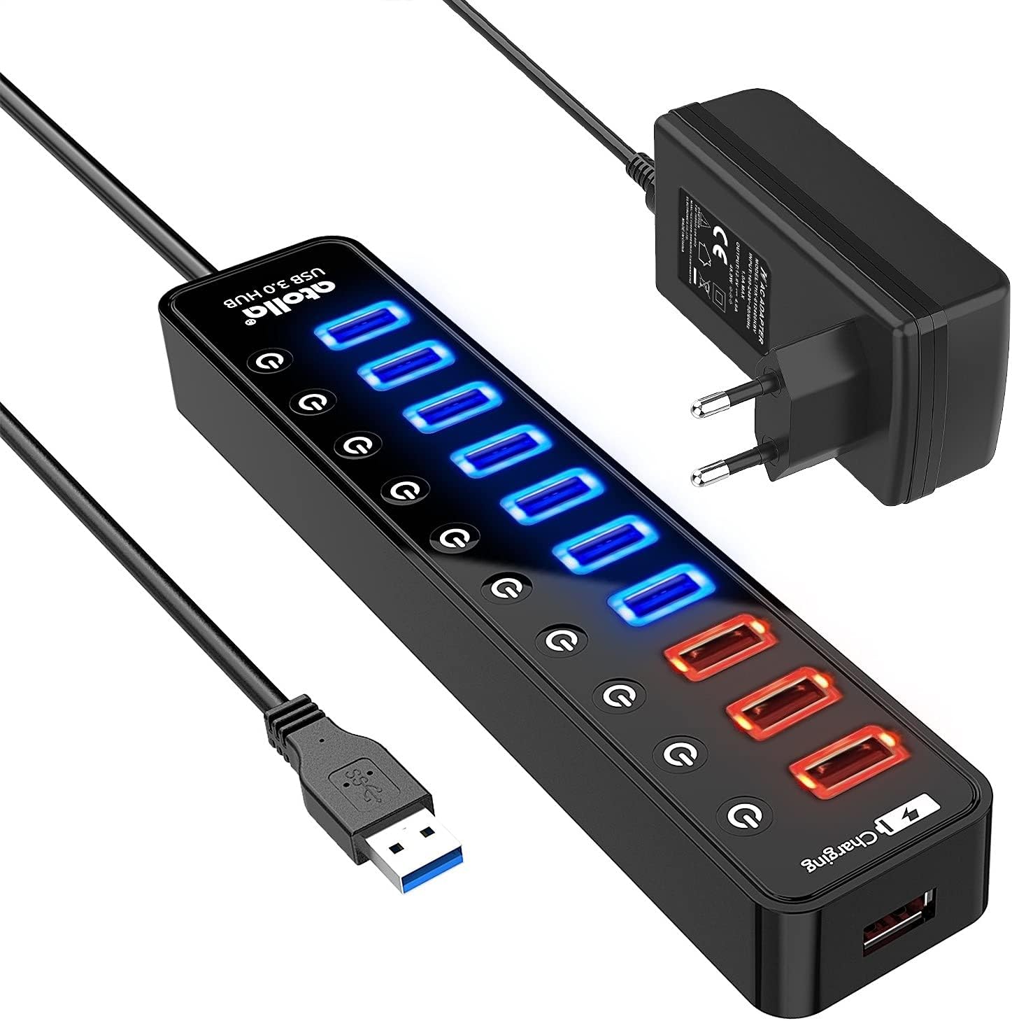 atolla Hub USB 3.0 avec bloc d'alimentation, 4 ports, transfert de données SuperSpeed et interrupteur, répartiteur USB avec port de charge intelligent et adaptateur d'alimentation 15 W (5 V/3 A)