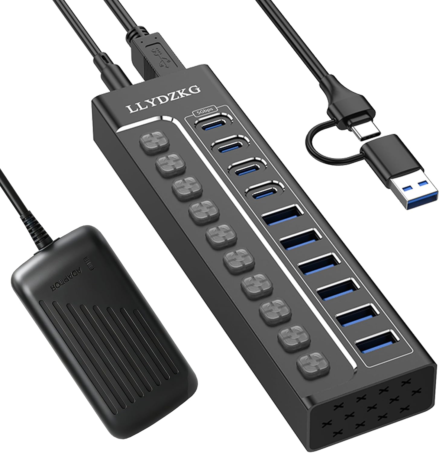 Hub USB 3.0 Alimenté, Aluminium Hub 10 Ports (6 USB-A + 4 USB-C) Débit de 5Gbps, avec Interrupteur Indépendant LED, Adaptateur Secteur 12V/3A, USB-A/C Câble, pour PC, Laptop (LLY-U801)