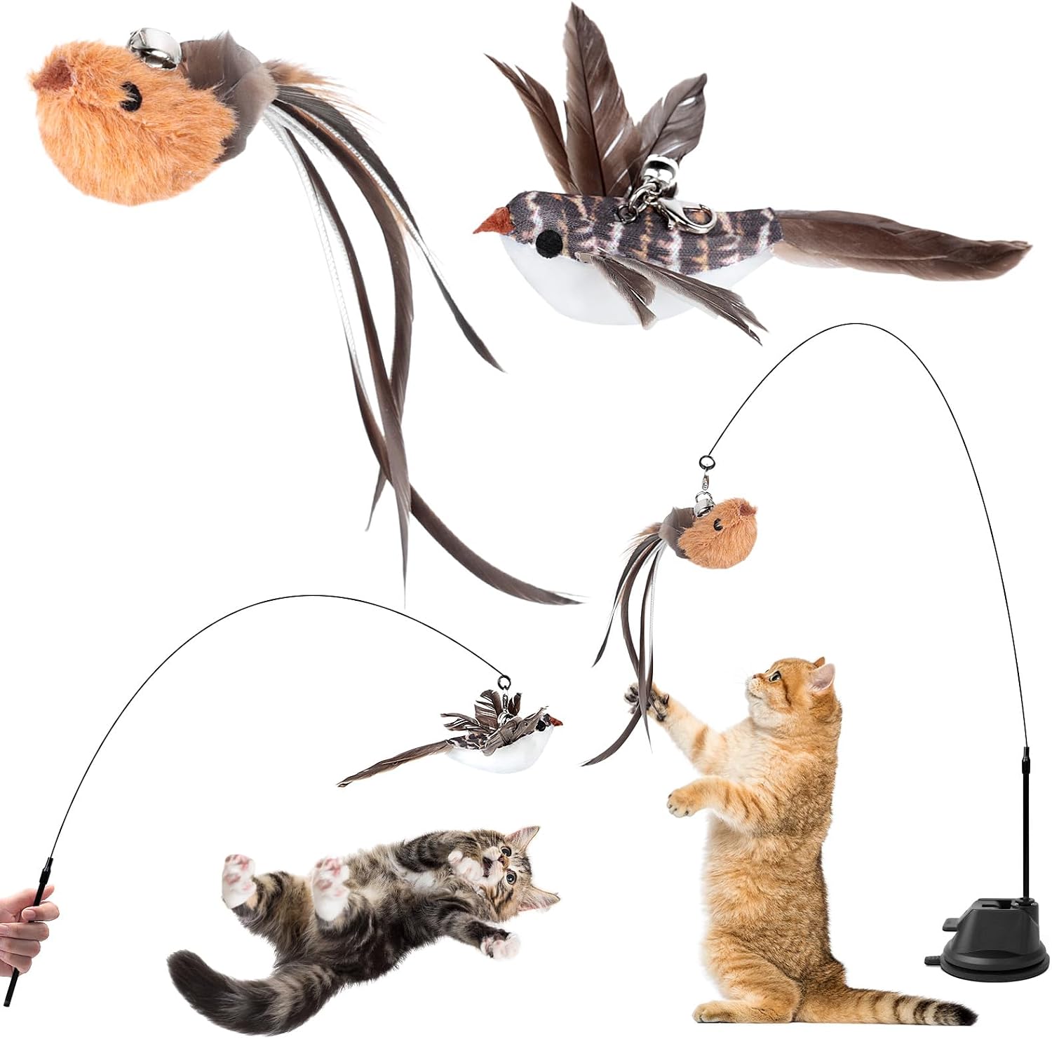 AiQInu 4 Pièces Jouet Chat Interactif, Interieur Jouets pour Chats avec Ventouse, 1 Canne à Pêche pour Chaton avec 2 Oiseaux à Clochettes, Jouets Intelligence Chat Baguette