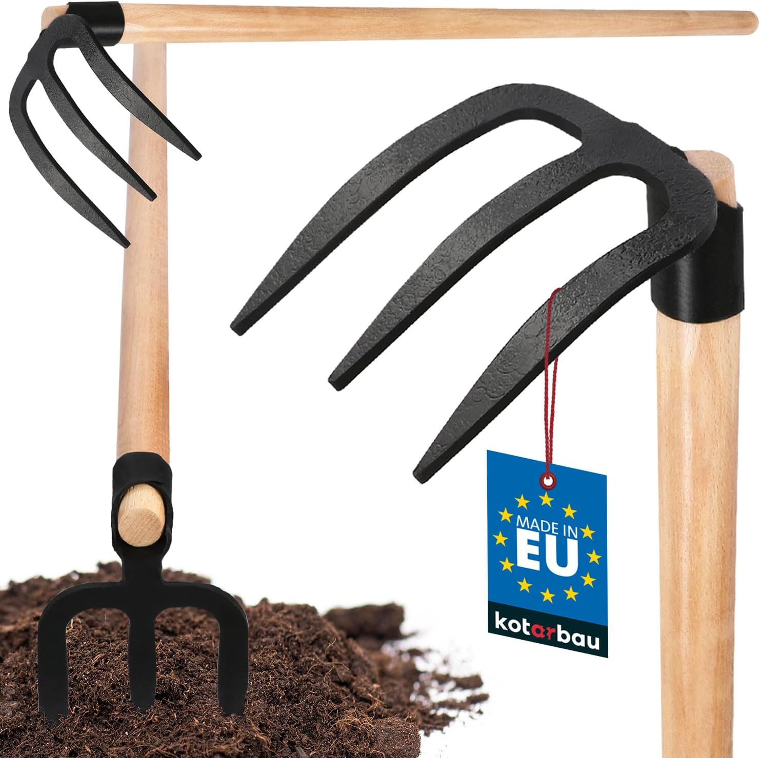 KOTARBAU® Binette à pommes de terre avec 3 dents - Manche en bois - 110 cm - Outil agricole en acier - Outil de jardin - Outils de jardin - Crochet de plantation
