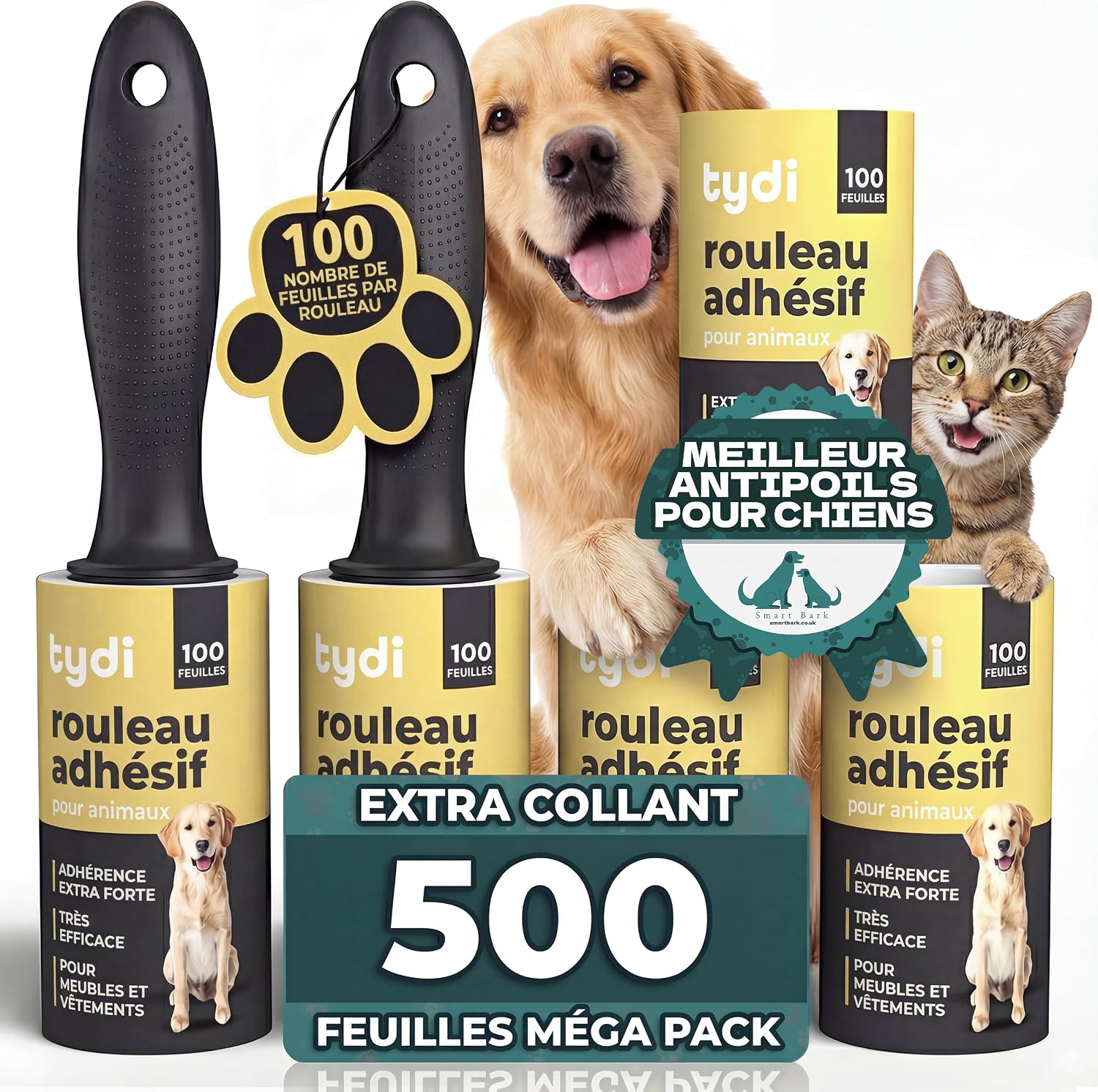 Tydi Rouleaux Anti-Peluches pour Poils d'animaux, 5 Rouleaux de 100 Feuilles, 2 Poignées Incluses