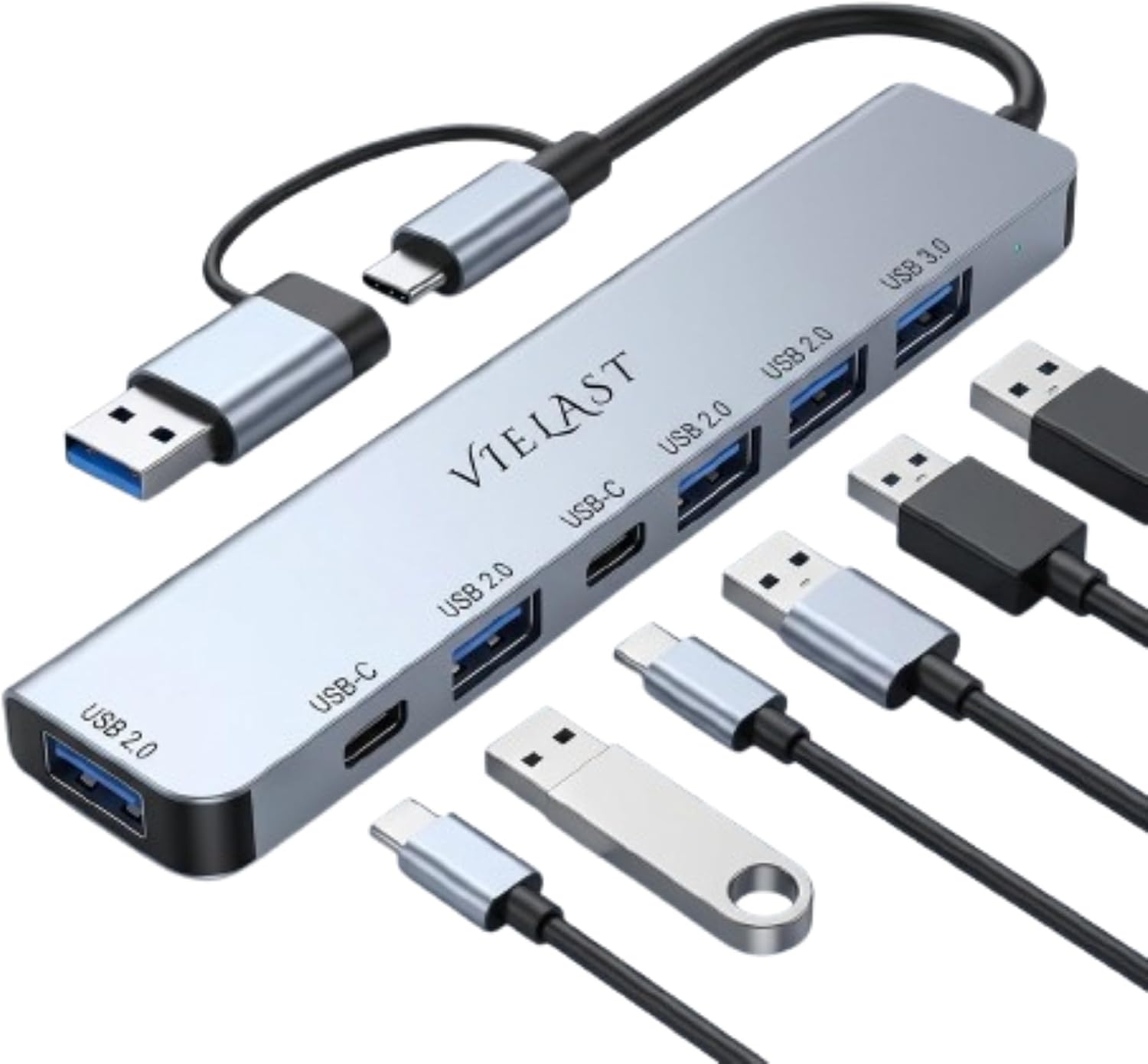 Hub USB 7 en 1, Adaptateur Multiport USB avec Double Connecteur USB-A et USB-C, USB 3.0 5Gbps, 4 Ports USB 2.0, 2 Ports USB-C, Aluminium pour PC Portable, MacBook