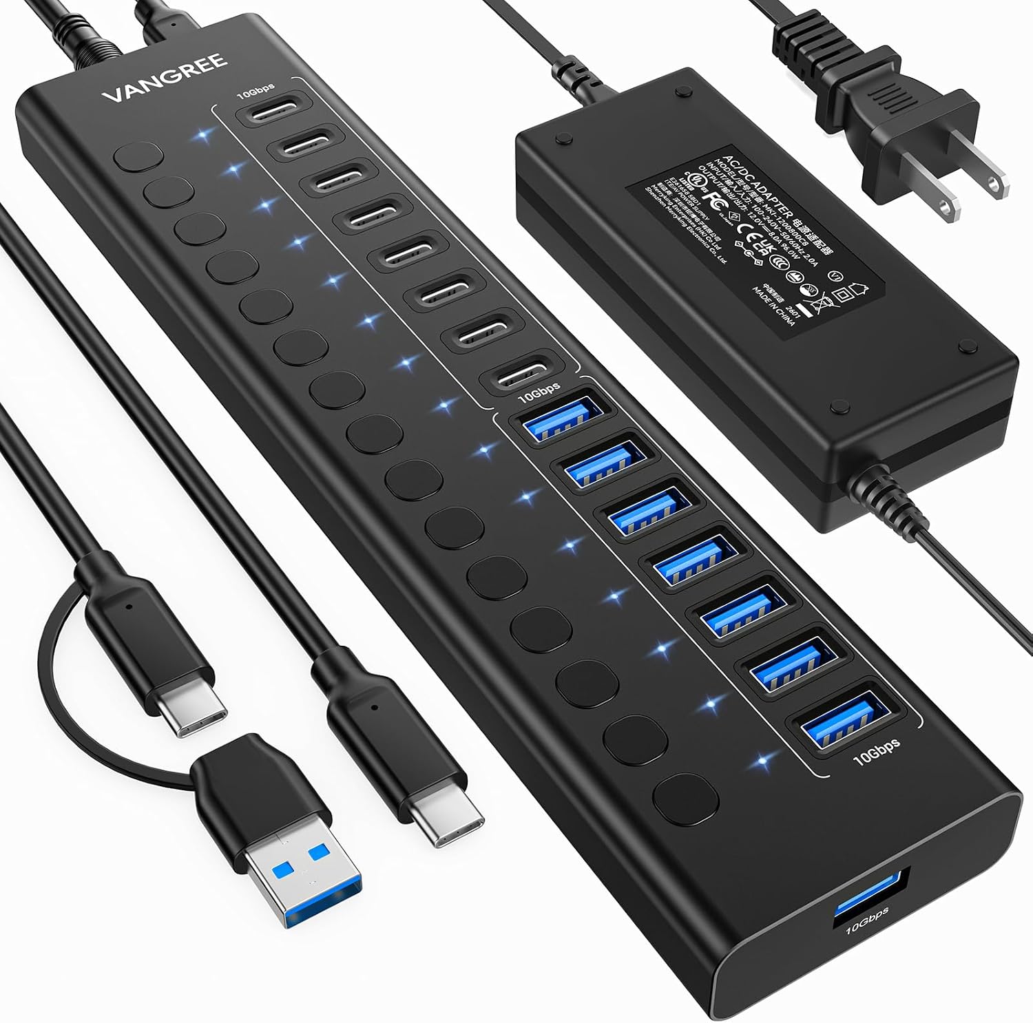 Hub USB 3.2 Gen 2, concentrateur USB VANGREE 16 ports (8 USB-A 3.2 + 8 USB-C 3.2), hub d'extension multiport en aluminium 10 Gbit/s avec adaptateur d'alimentation 96 W pour PC, ordinateur portable